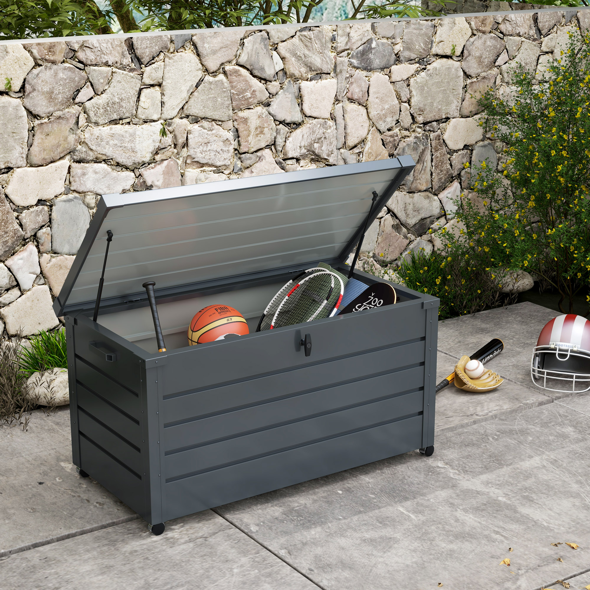 Outsunny Außenlagerbox 311L mit Gasdruckfeder, Rollen und Griff aus verzinktem Stahl, 120x62x66 cm, grau