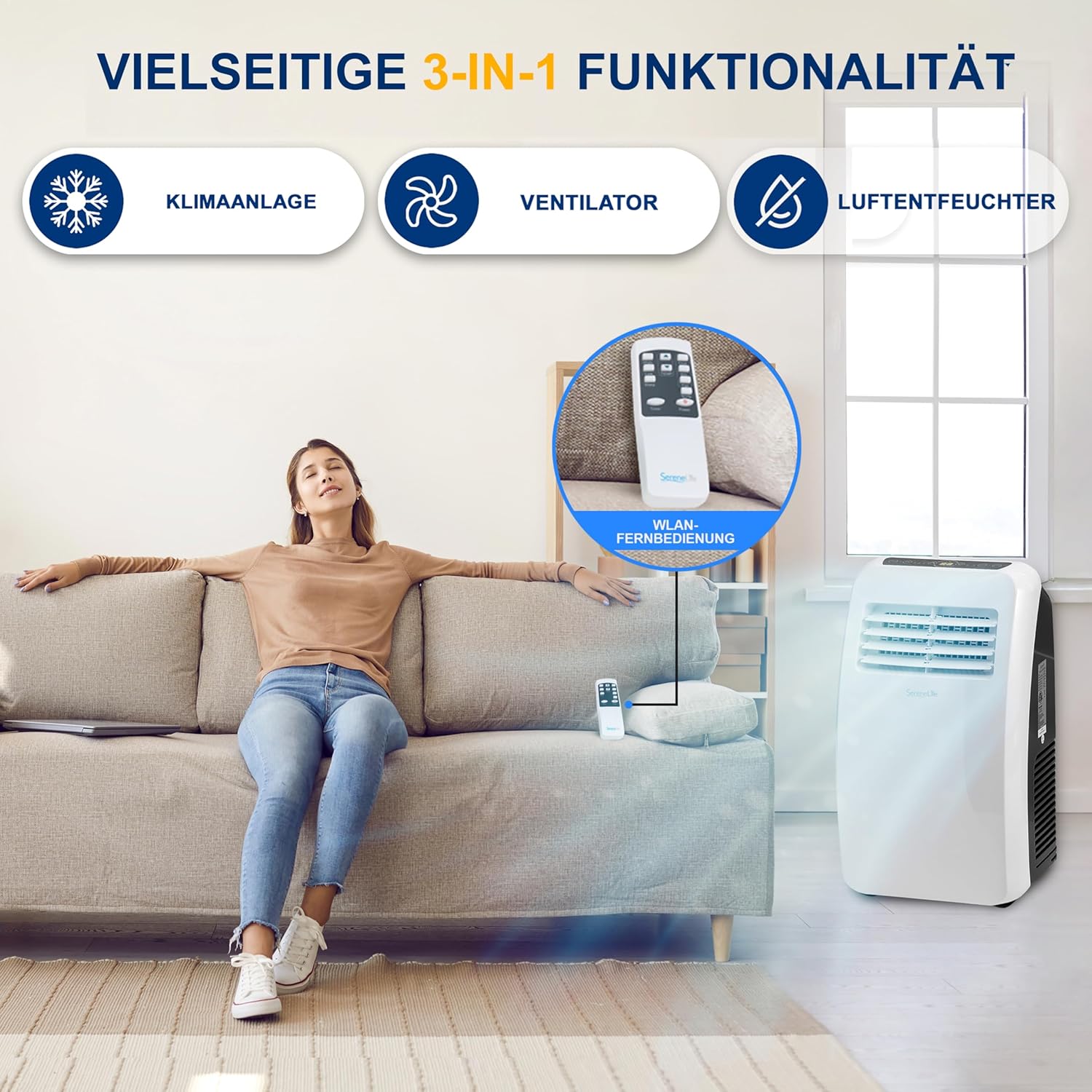 SereneLife Klimaanlage mobil, 3-in-1 mobiles Klimagert mit Abluftschlauch - Luftkühler, Luftentfeuchter & Ventilator, air conditioner 9.000 BTU, 1,5 L Feuchtigkeit/Stunde, kühlt Rume bis 42 m