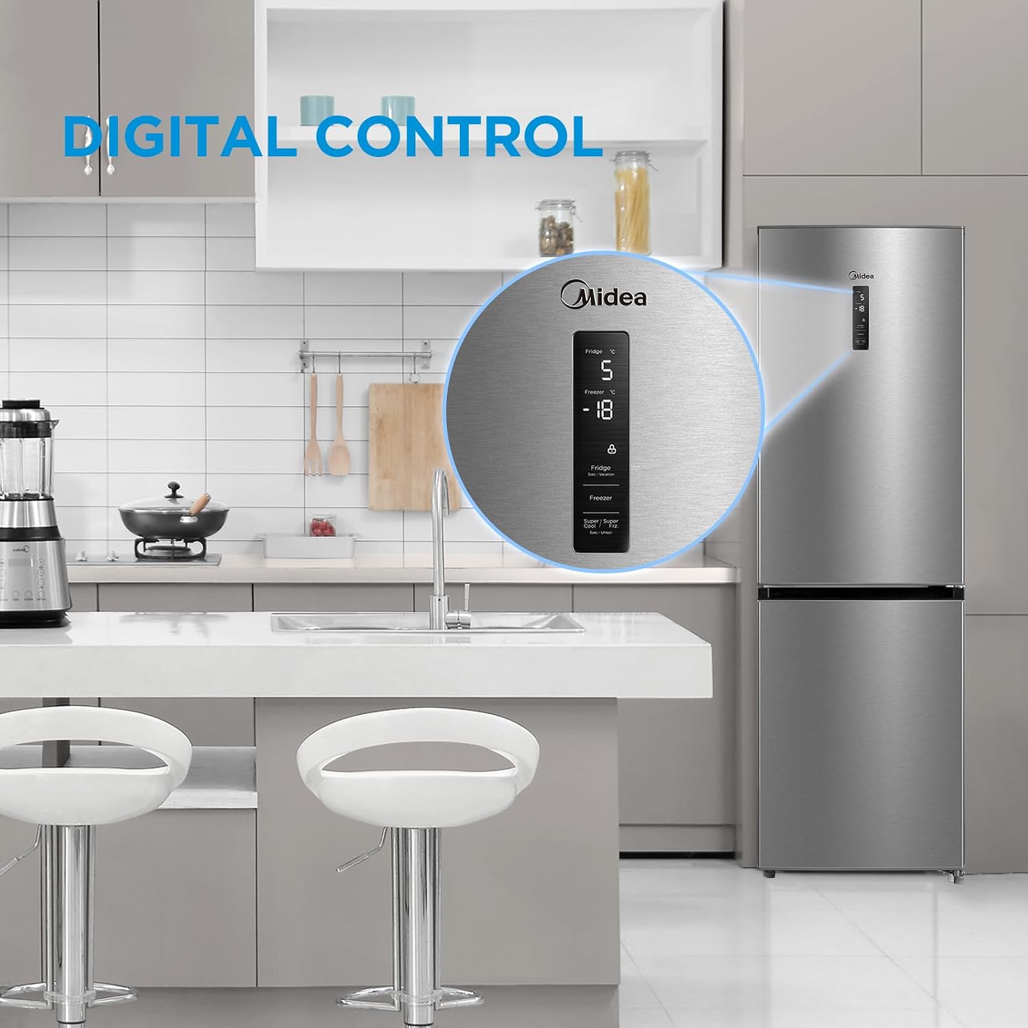 Midea MERB345MGC02 Kühl-/Gefrierkombination/No Frost/185 cm hoch / 59,5 cm breit /70 cm tiefe/171 kWh/Jahr/216 L Kühlteil/ 122 L Gefrierteil/Twin Control/mit Chiller Box, Front Inox