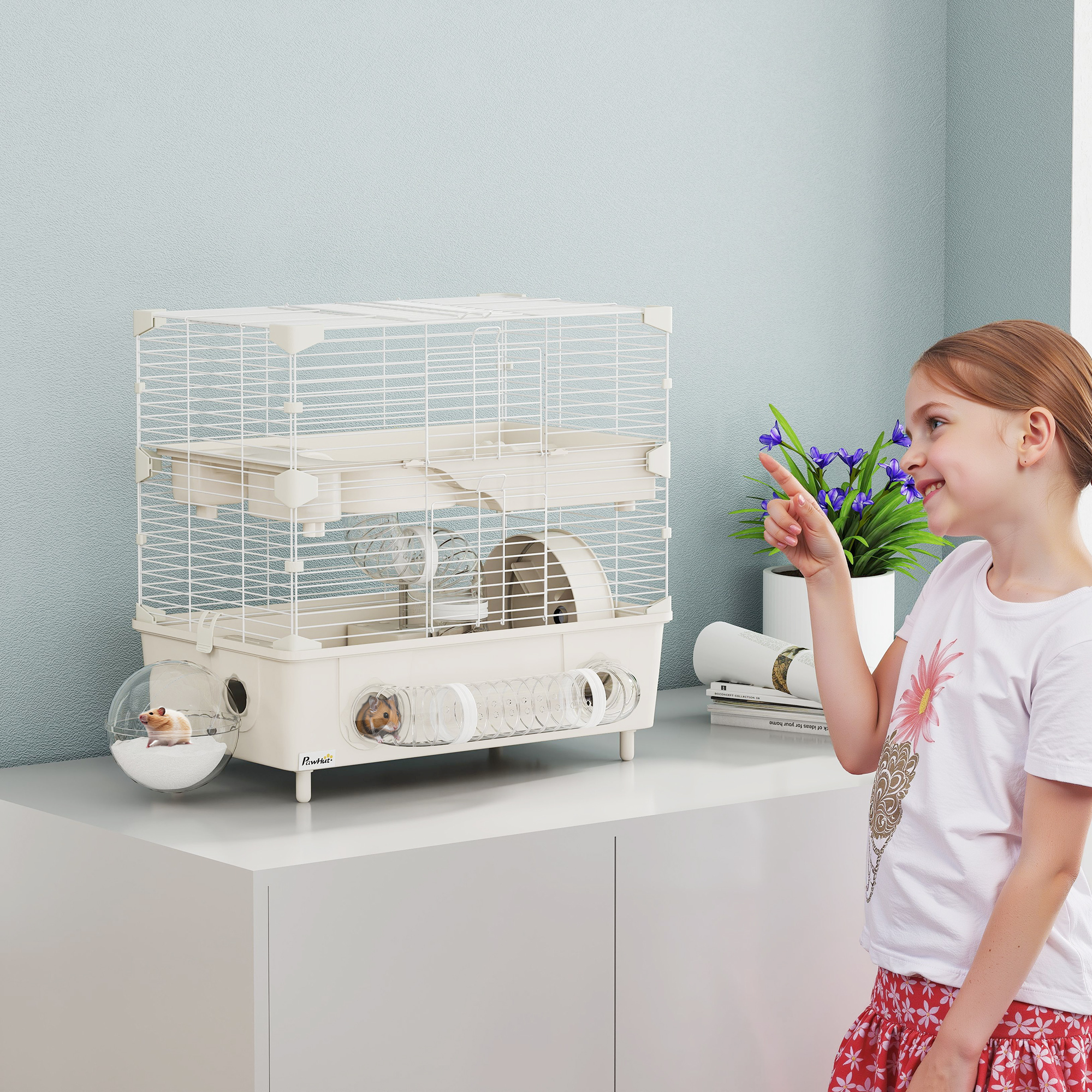 PawHut Hamsterkäfig mit 2 Ebenen und 3 Türen mit Rad und Röhren, aus Stahl, PS und PP, 44,5x28x44 cm, Creme und Weiß