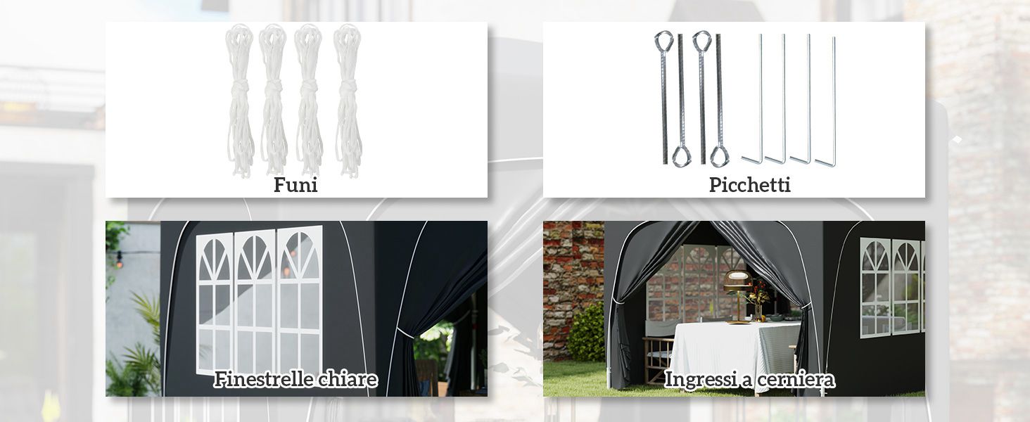 Immagine composita che mostra elementi decorativi per cancelli e ingressi: accessori metallici decorati, disegni in ferro battuto e porte ad arco