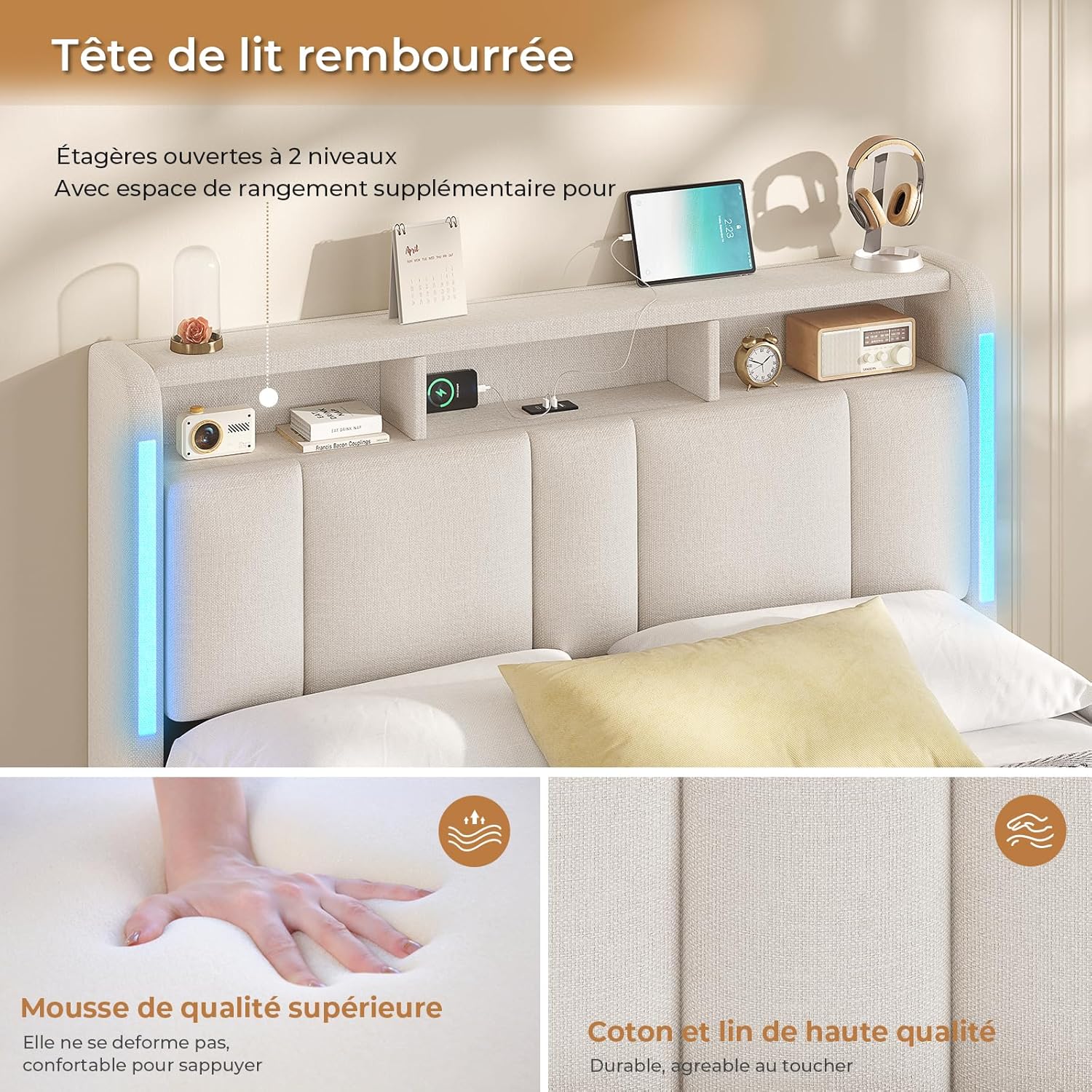 AOGLLATI Polsterbett 140×200 mit Steckdosen & LED Beleuchtung, Doppelbett mit Stauraum Kopfteil & Hydraulischem Stauraum, Bettgestell mit Lattenrost, Jugendbett 140×200, Linen, Ohne Matratze, Beige