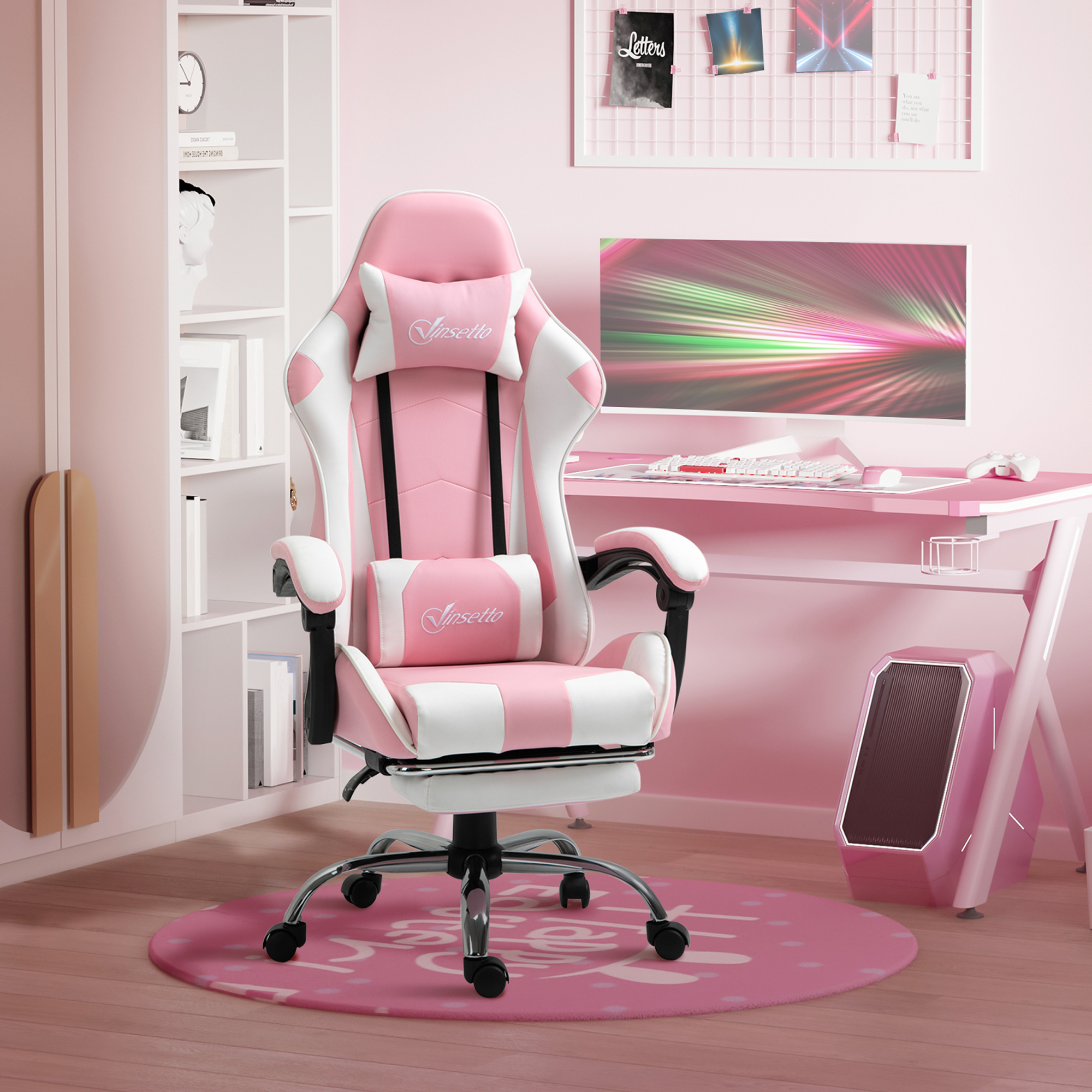 Vinsetto Gamingstuhl Computerstuhl Ergonomischer Bürostuhl Gamer Stuhl mit Kopfstütze Lendenkissen Bürostuhl höhenverstellbar 360°drehbar Schaumstoff Kunstleder PVC Rosa+Weiß 64 x 67 x 119-127 cm
