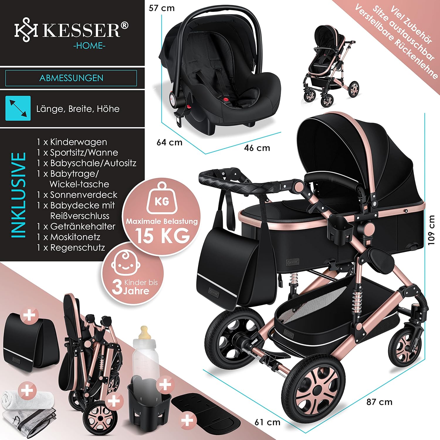 KESSER® Loops 3 in 1 Kinderwagen Kombikinderwagen Komplett-Set inkl. Babywanne & Buggy Sportsitz & Auto-Babyschale Voll-Gummireifen Wickeltasche Regenschutz Kindertisch ECE R129, Schwarz/Schwarz