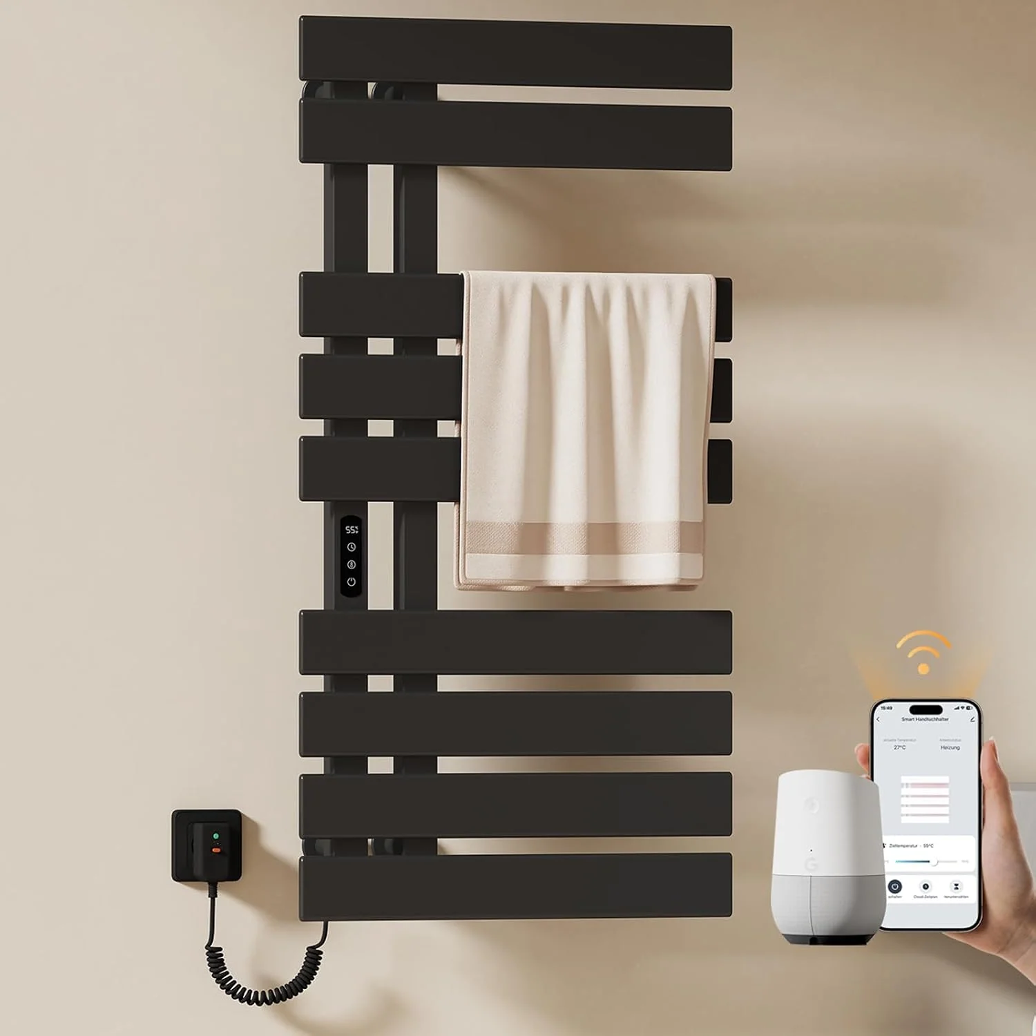 EMKE Handtuchheizkörper Elektrisch 1000 x 500 mm, Handtuchwärmer Elektrisch für Alexa und Google Home und APP Schwarz 320W (Left)