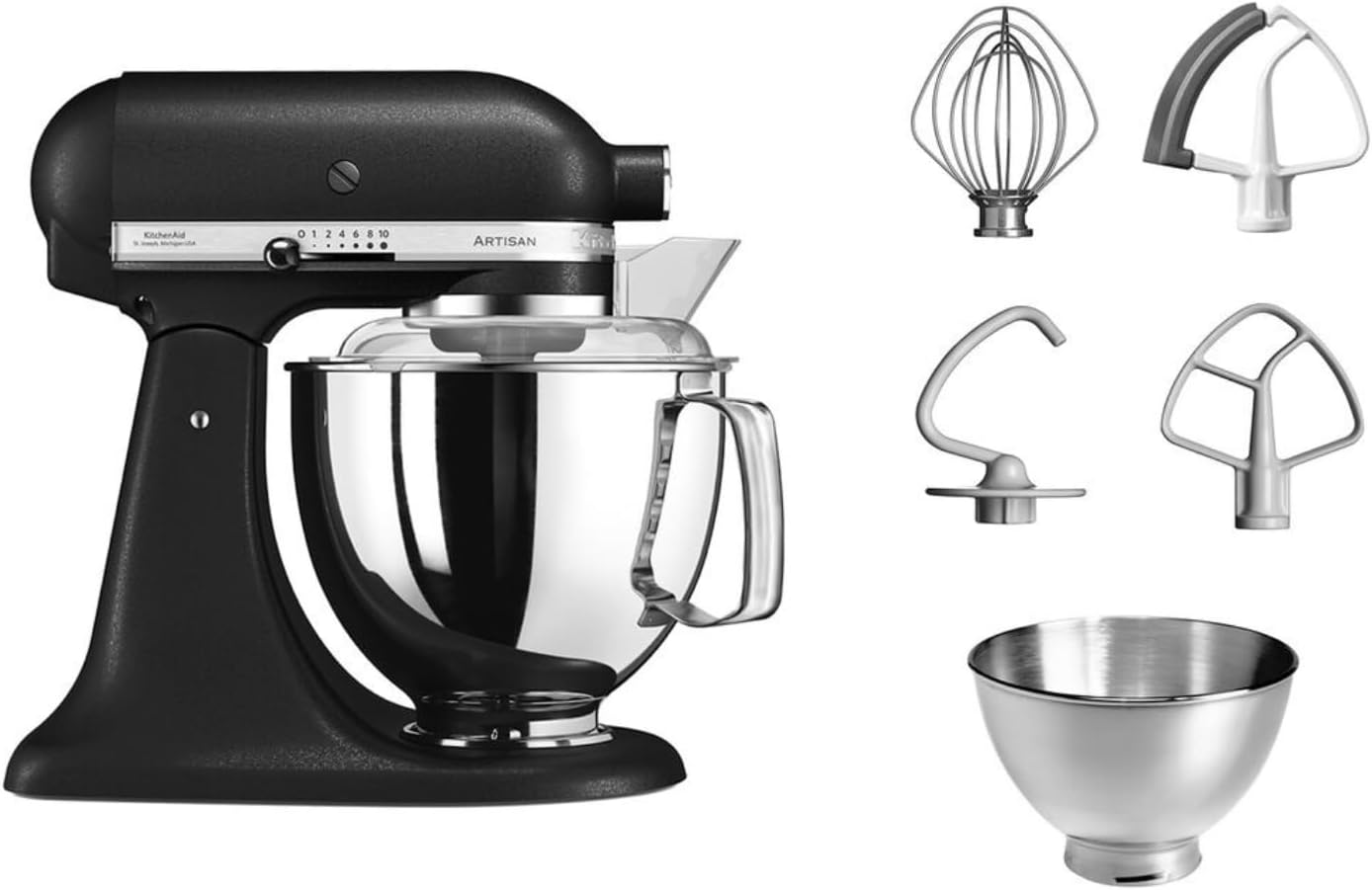 KitchenAid Küchenmaschine I Artisan I Kippbarem Food Processor I Teigknetmaschine mit 5 Zubehör | 2 Schüsseln aus Edelstahl | 4.8 L | Schwarz