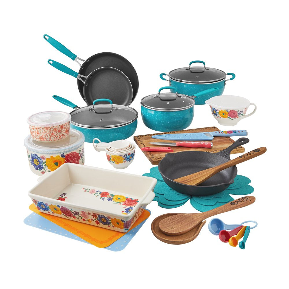 The Pioneer Woman Brilliant Blooms 38 Piece Cookware Set, Teal &ndash; Complete Kitchen Solution with Floral Design
