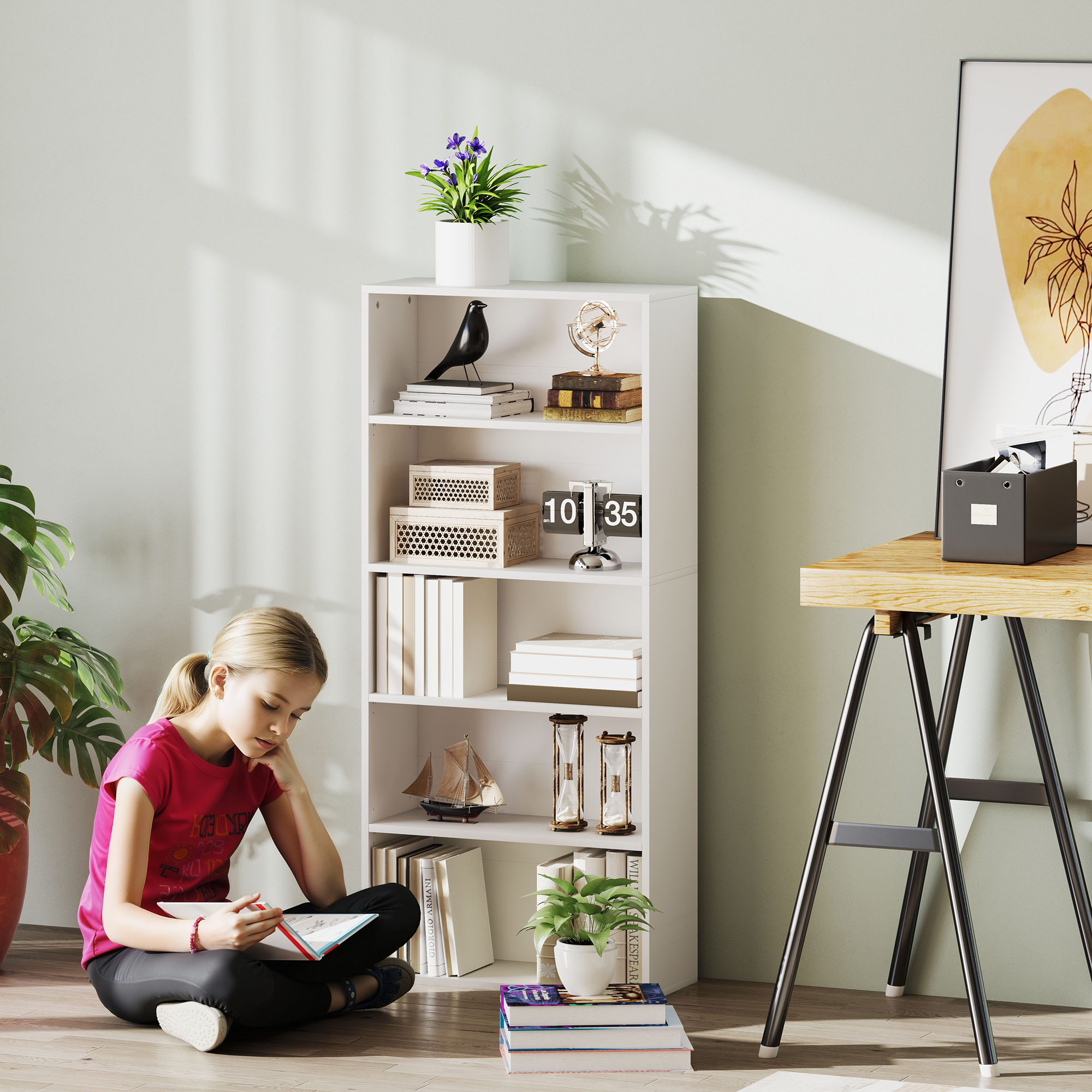 HOMCOM Bücherregal mit 5 Regalen und 3 verstellbaren Regalböden, aus Holz, 60x24x133,5 cm, Weiß