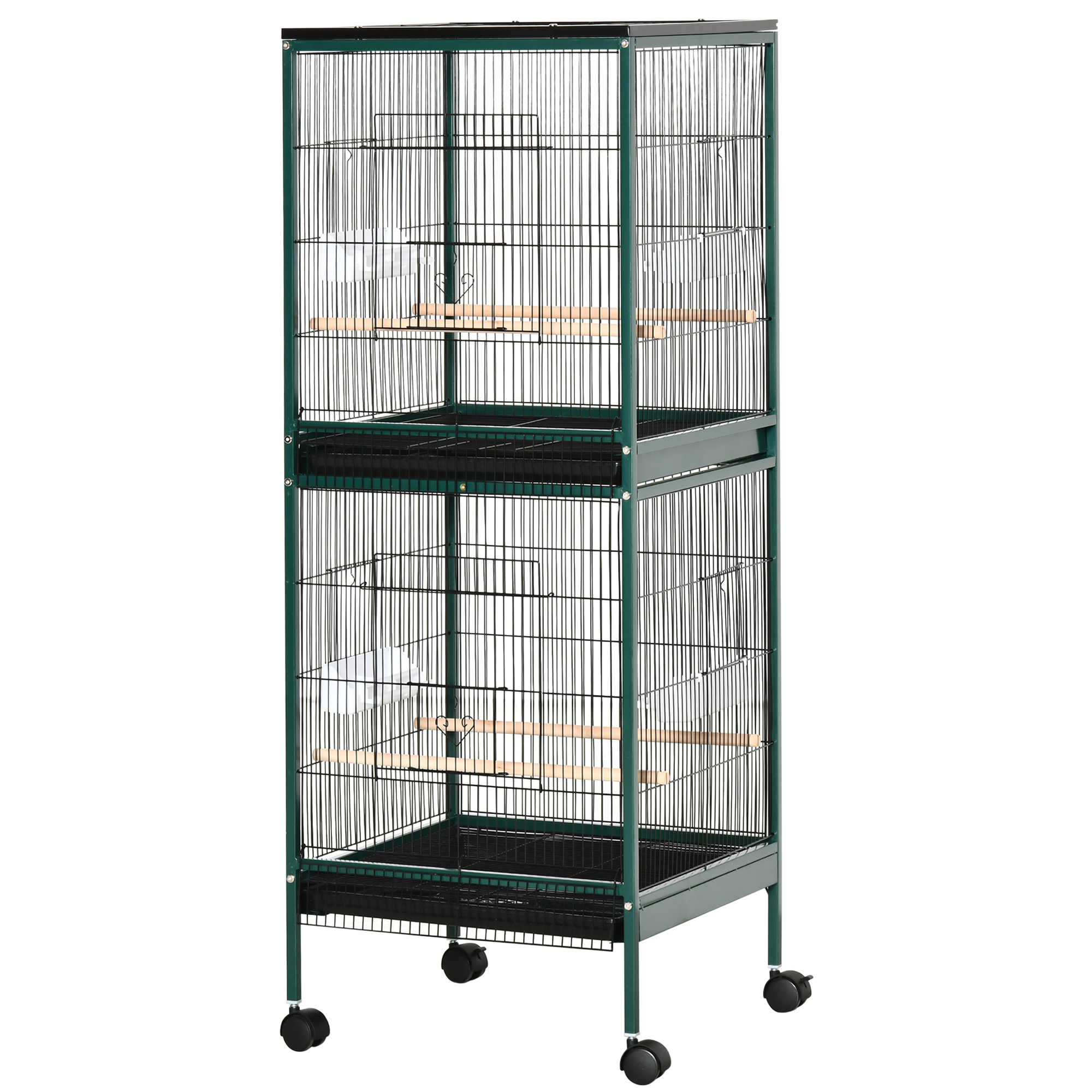 PawHut Großer Vogelkäfig auf Standfuß Doppel mit Futternäpfen Holzsitzstangen herausziehbares Tablett Rollen - Maße 51,5B x 50T x 140H cm
