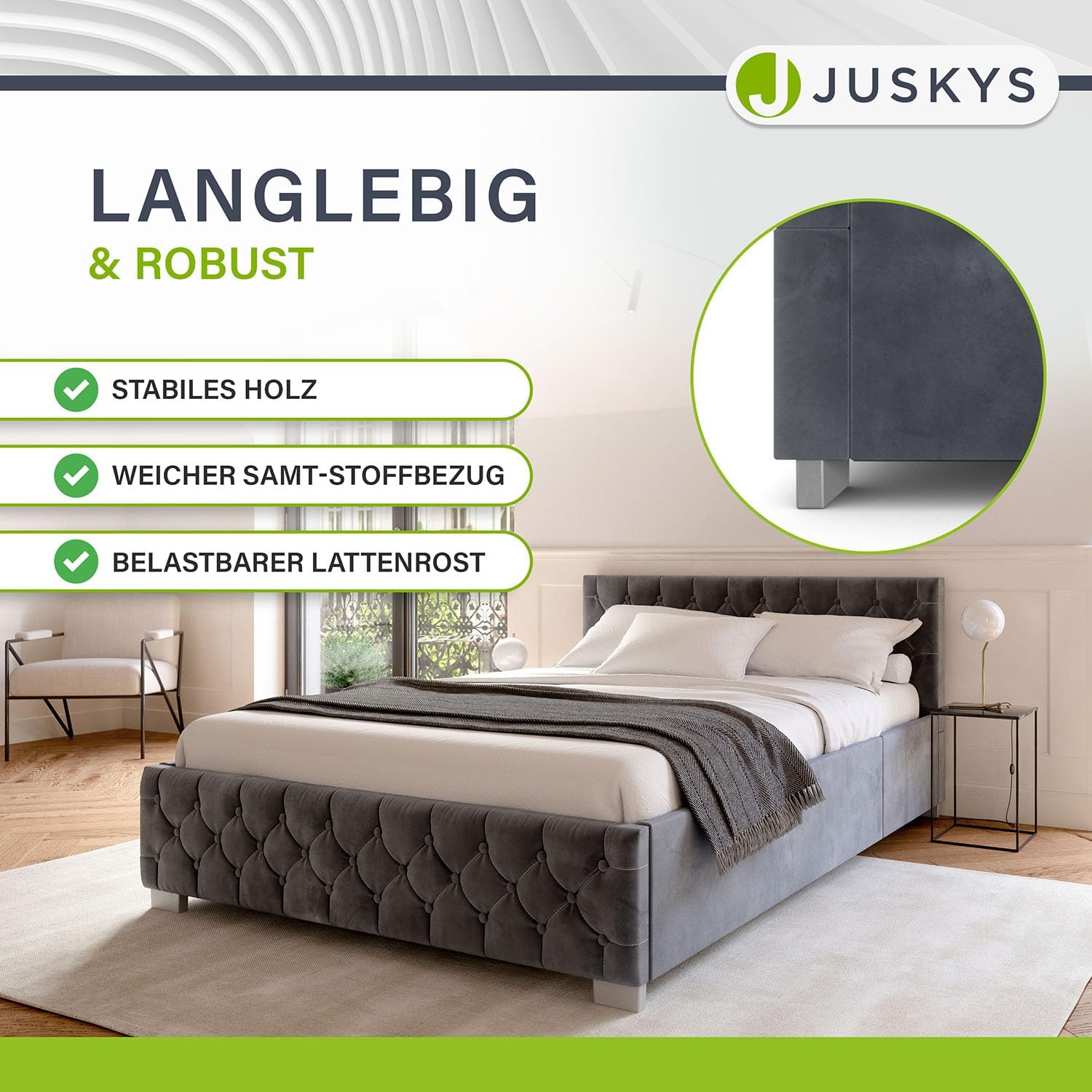 Juskys Polsterbett Nizza 120x200 cm Samt mit Stauraum, LED Beleuchtung & Lattenrost - Chesterfield Steppung & Kopfteil - Bett Bettgestell - Grau