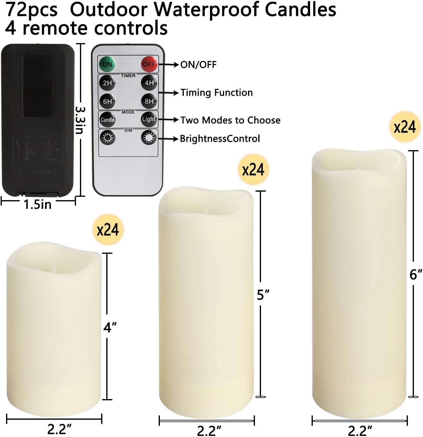 Set mit 72 flammenlosen LED-Batterien, wasserdicht (D5,6 x H 10,2 cm, 12,7 cm, 15,2 cm), mit 10-Tasten-Fernbedienung und 24-Stunden-Timer