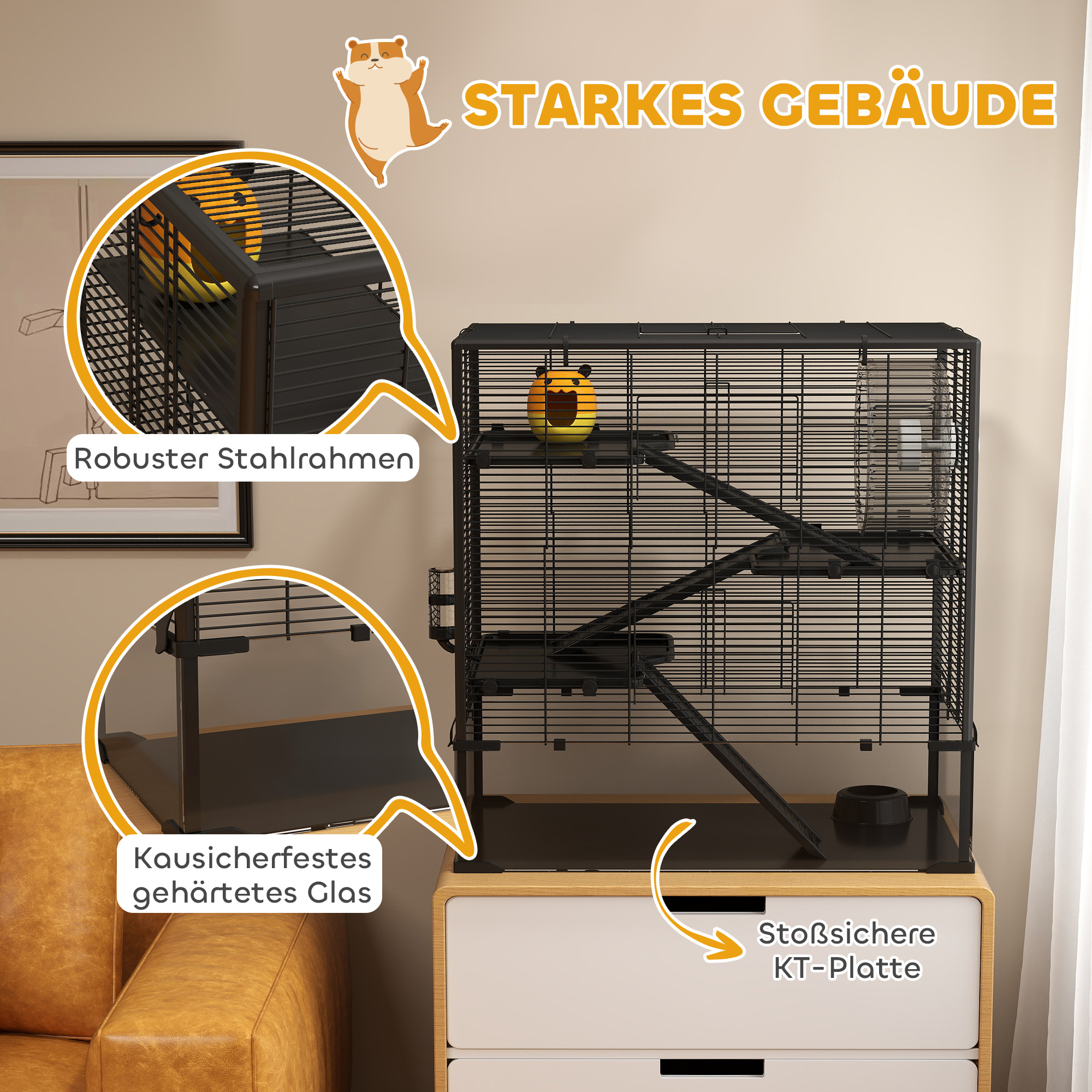 Hamsterkooi met glazen bodem, 4-niveau knaagdieren verblijf met hut en accessoires, 78,5L x 48,5B x 80H cm, Zwart