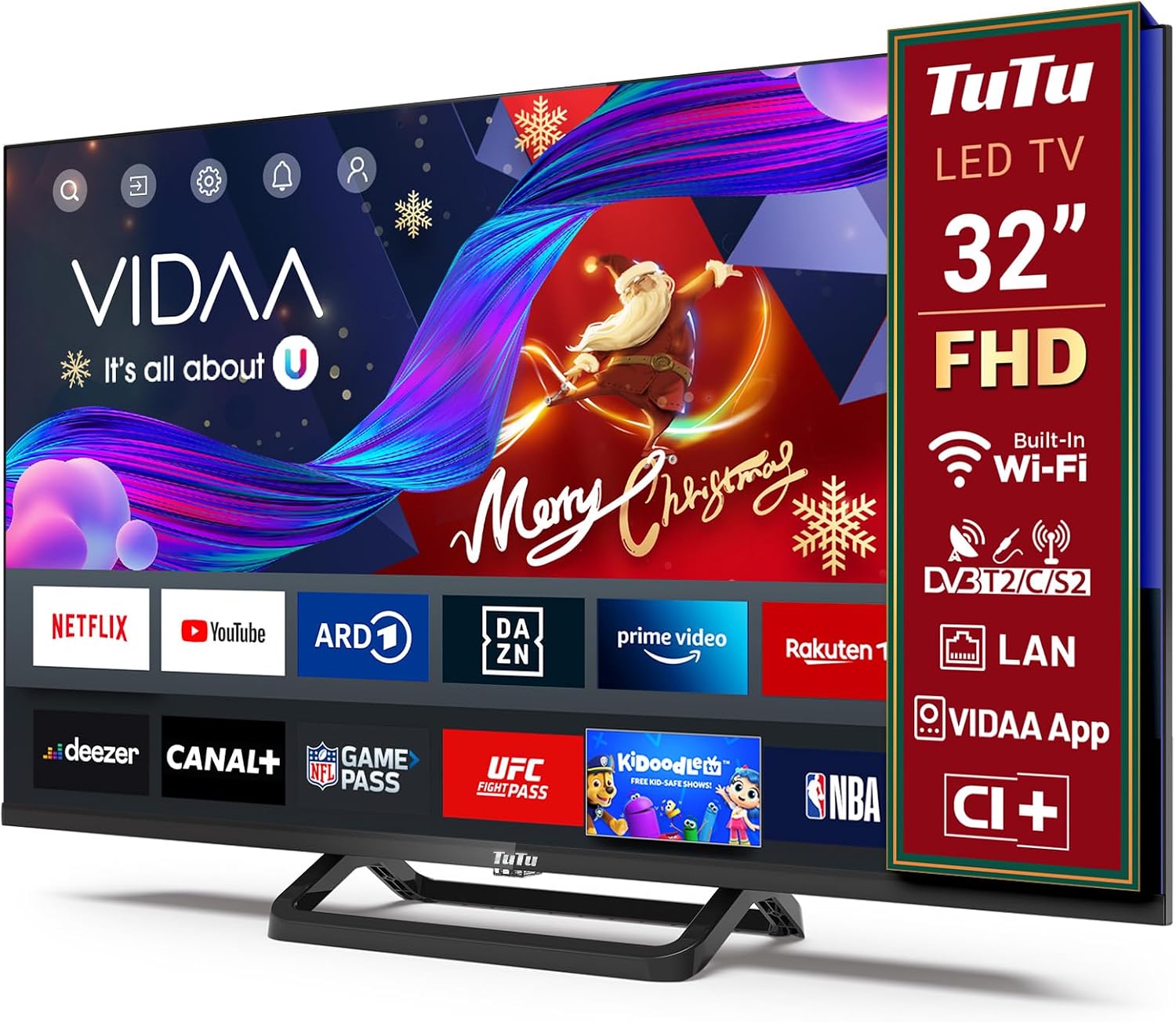 TuTu TUV32FN1B Smart TV 32 Pollici Full HD, LED Televisori con Wi-Fi, Bluetooth 5.0, App Store, Triple Tuner (DVB-T/T2, DVB-C, DVB-S/S2), HDMI, USB, Base Centrale [2024]