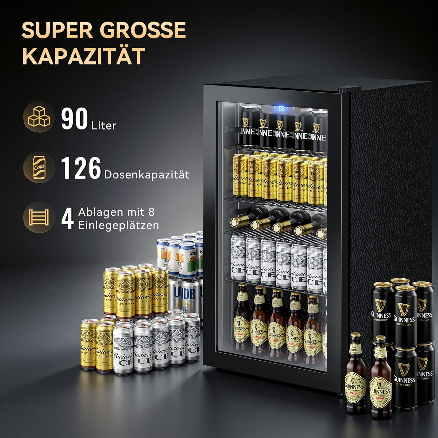 TRIUMPHKEY 90L Getränkekühlschrank mit Klima-Kühlung | Neu: Gleichmäßige & frostfreie Kühlung | 4 verstellbare Ablagen – Platz für 126 Dosen | Ideal für Bar, Büro & Haushalt