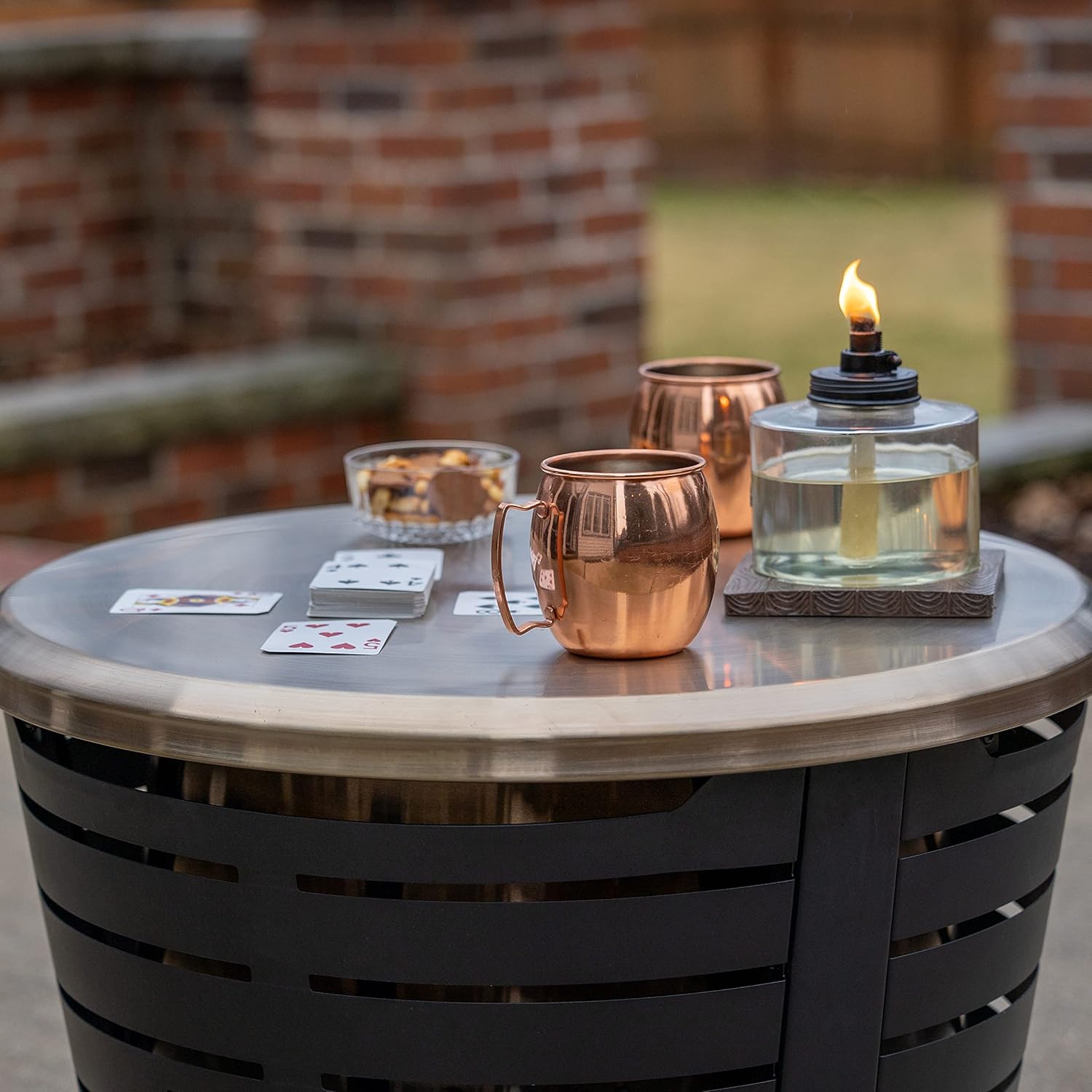 TIKI Patio & Celebration Tabletop Fire Pit Cover �C 25.6" Durable Stainless Steel Lid �C Weather-Resistant Outdoor Fire Pit Protection �C Converts Fire Pit into Table �C Patio & Backyard Accessory, Gold
