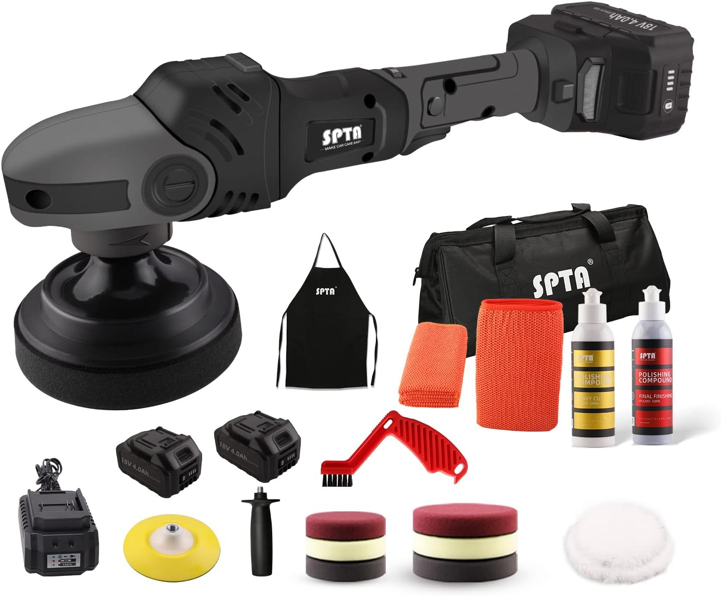 SPTA 18V Cordless Dual Action Polisher, 7 Speed 4800 RPM, Includes 2 Batteries & 6 Pads, for Cars & More