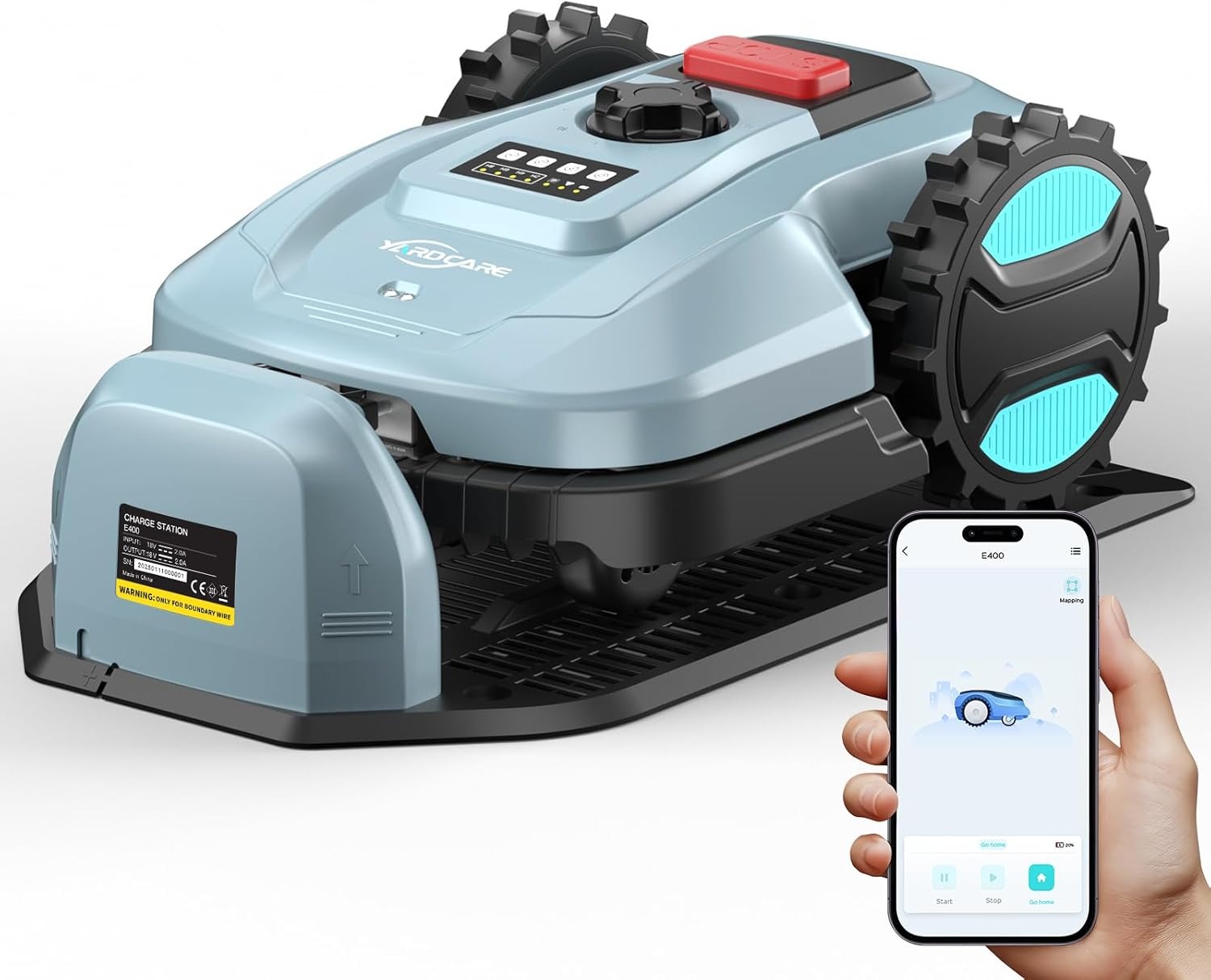 YARDCARE E400 Robot Tagliaerba, Controllo Tramite App, Fino a 400 m², Ricarica Automatica, Sensore Pioggia, Meno di 60 dB, Larghezza di Taglio 18 cm, Altezza Regolabile 20–60 mm Robot Rasaerba