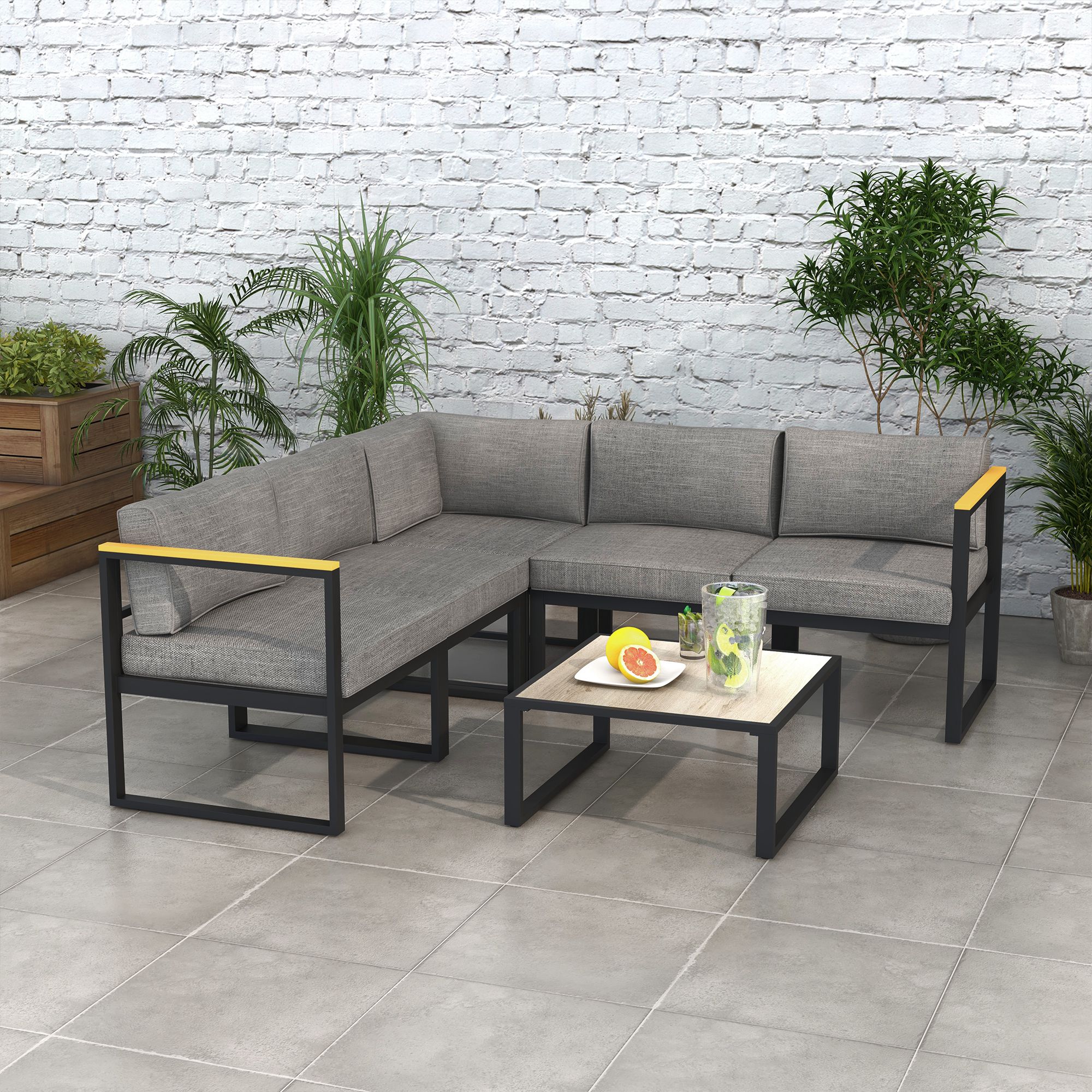 Outsunny Gartensofa-Set, Ecksofa im zeitgenössischen Design, 6-teilig für 5 Personen - aus Aluminium, hoher Komfort