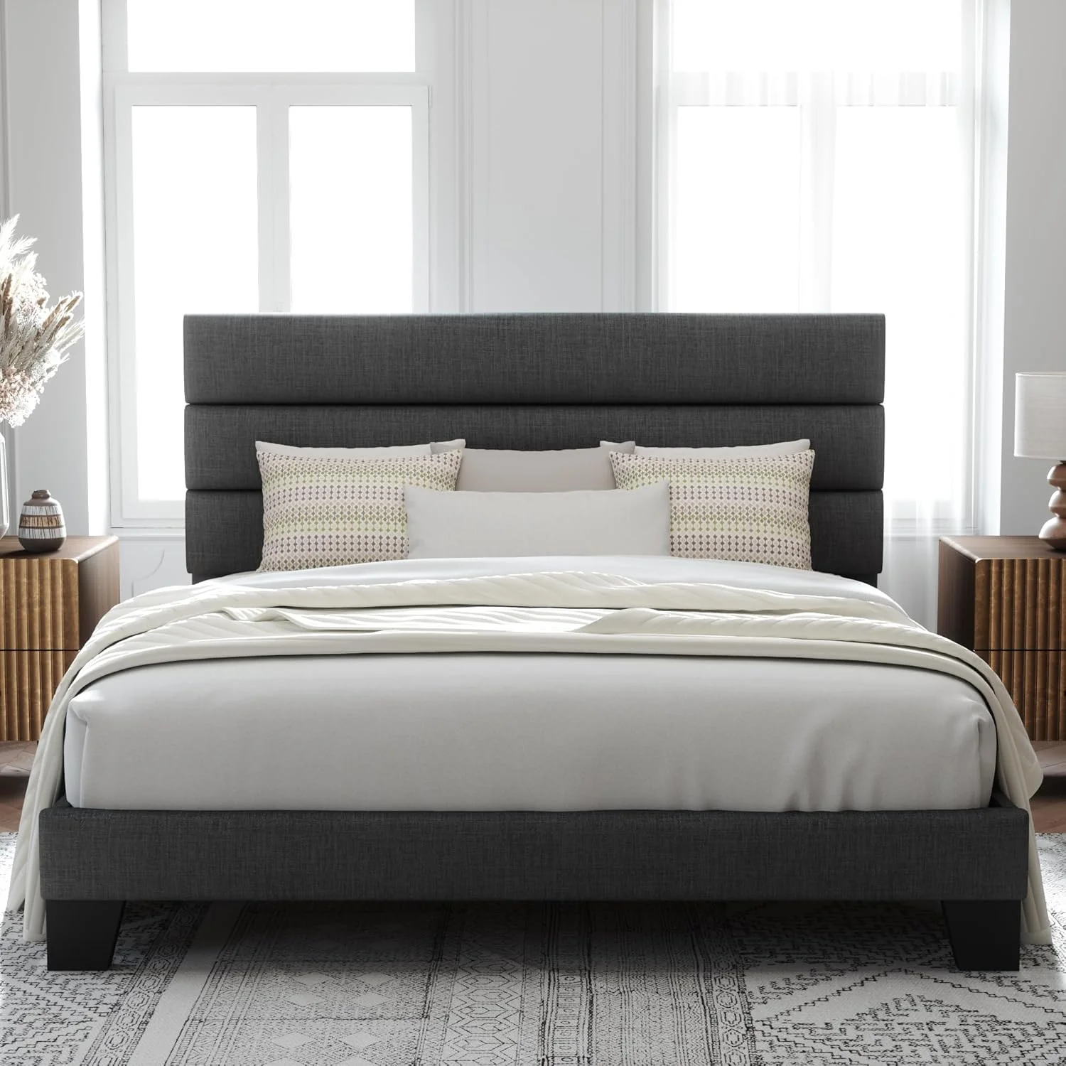 Allewie King size platform bed frame with velvet upholstered headboard and planks
