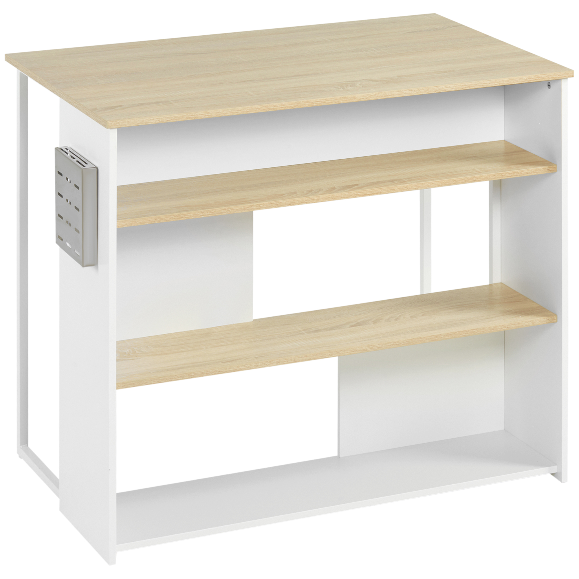 HOMCOM Kücheninsel 3 moderne Regale und Messerblock aus Edelstahl 105 x 65 x 90 cm, Weiß und Natur