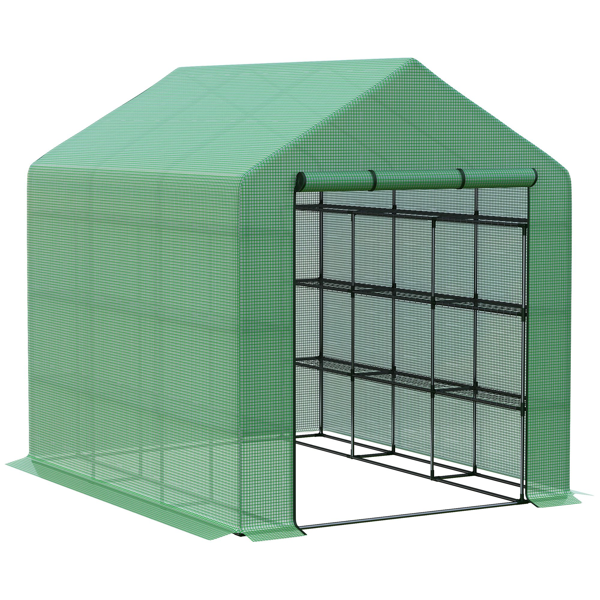 Outsunny Foliengewächshaus begehbares Gewächshaus mit 8 Regalebenen Tomatengewächshaus Treibhaus Frühbeet mit Tür Grün Stahl PE-Kunststoff 244 x 180 x 210 cm