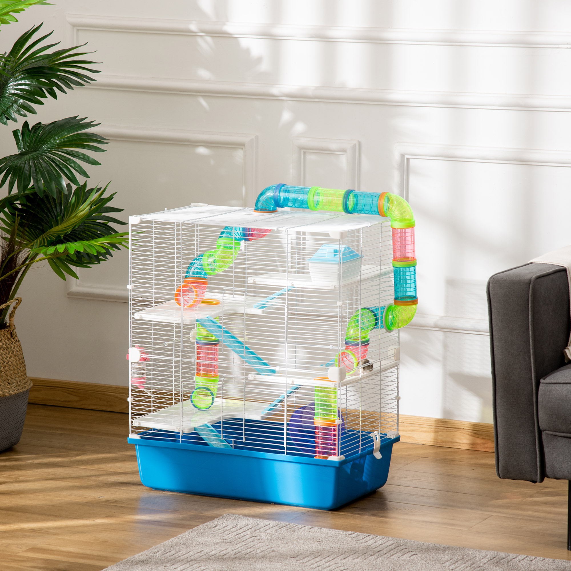 PawHut Hamsterkäfig mit 5 Ebenen, Röhren, Hochhaus, Wassertank und Rad, aus Stahl, PP und PS, 59x36x69 cm, Blau und Weiß