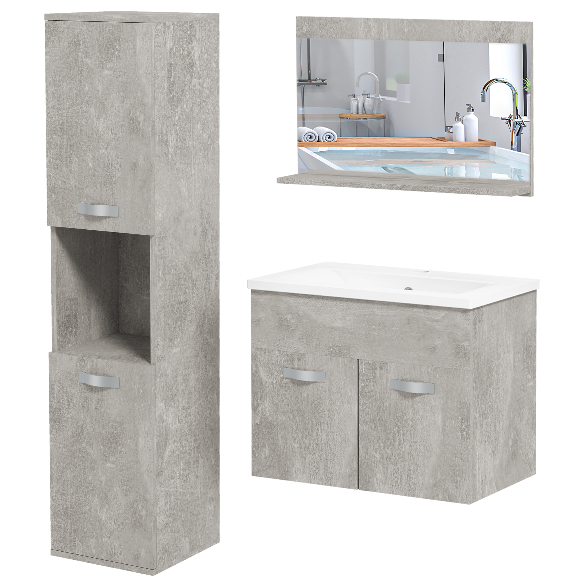 kleankin 3-teiliges Badezimmermöbel-Set mit Spiegelregal + Waschbeckenmöbel + wandmontierte Badschranksäule, grau