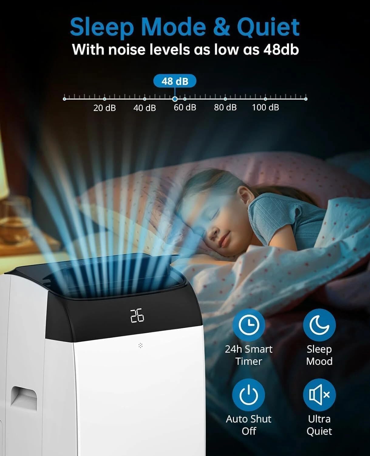 Condizionatore Portatile 12000 BTU, 4-in-1Climatizzatore Portatile Con Deumidificatore, Air Conditioner Con Display Digitale e Telecomando, Funzionamento Silenzioso, 24H Timer, Copertura 51 ㎡