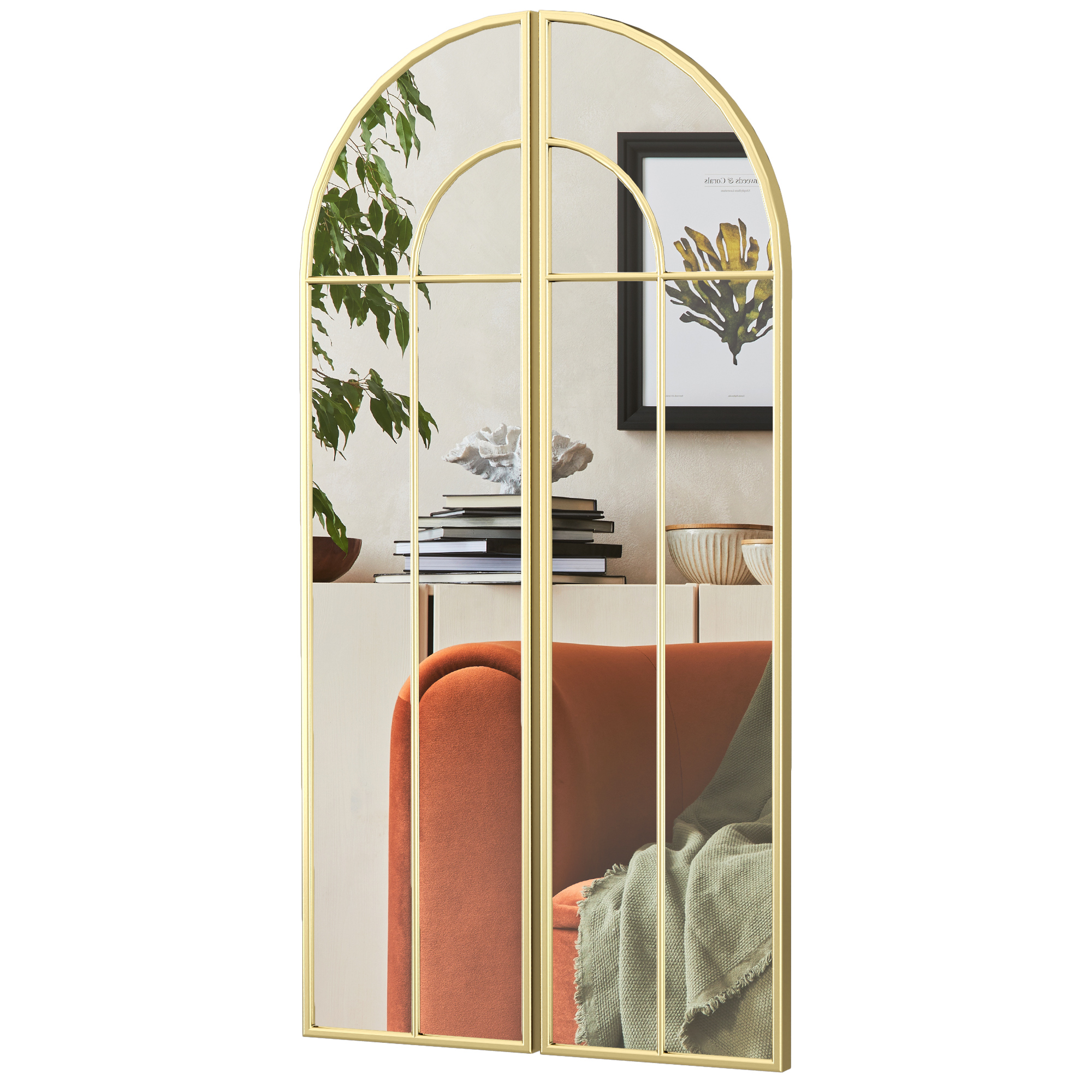 HOMCOM Bogen-Wandspiegel 30 x 120 cm, großer dekorativer Spiegel mit Metallrahmen, für Wohnzimmer, Schlafzimmer, Flur, in Gold
