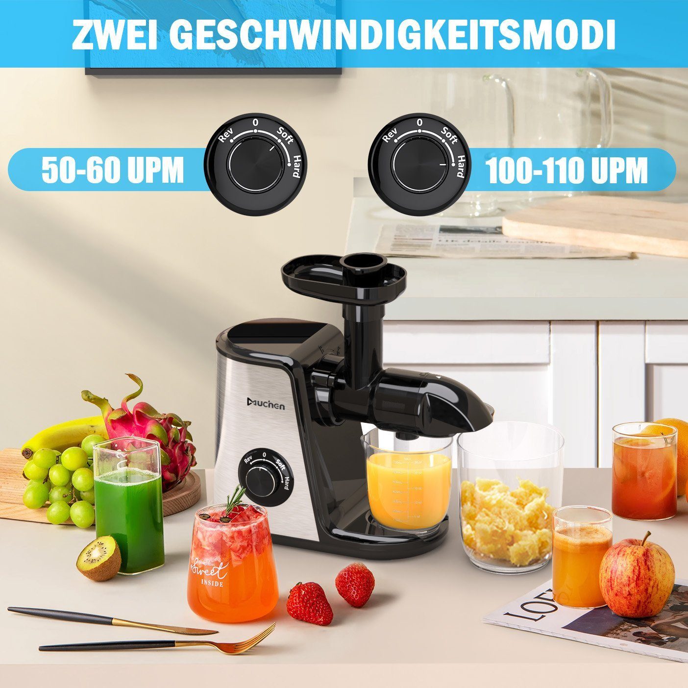 Slow Juicer Muchen Slow Juicer Entsafter 150W inkl. Rezeptbuch aus Edelstahl