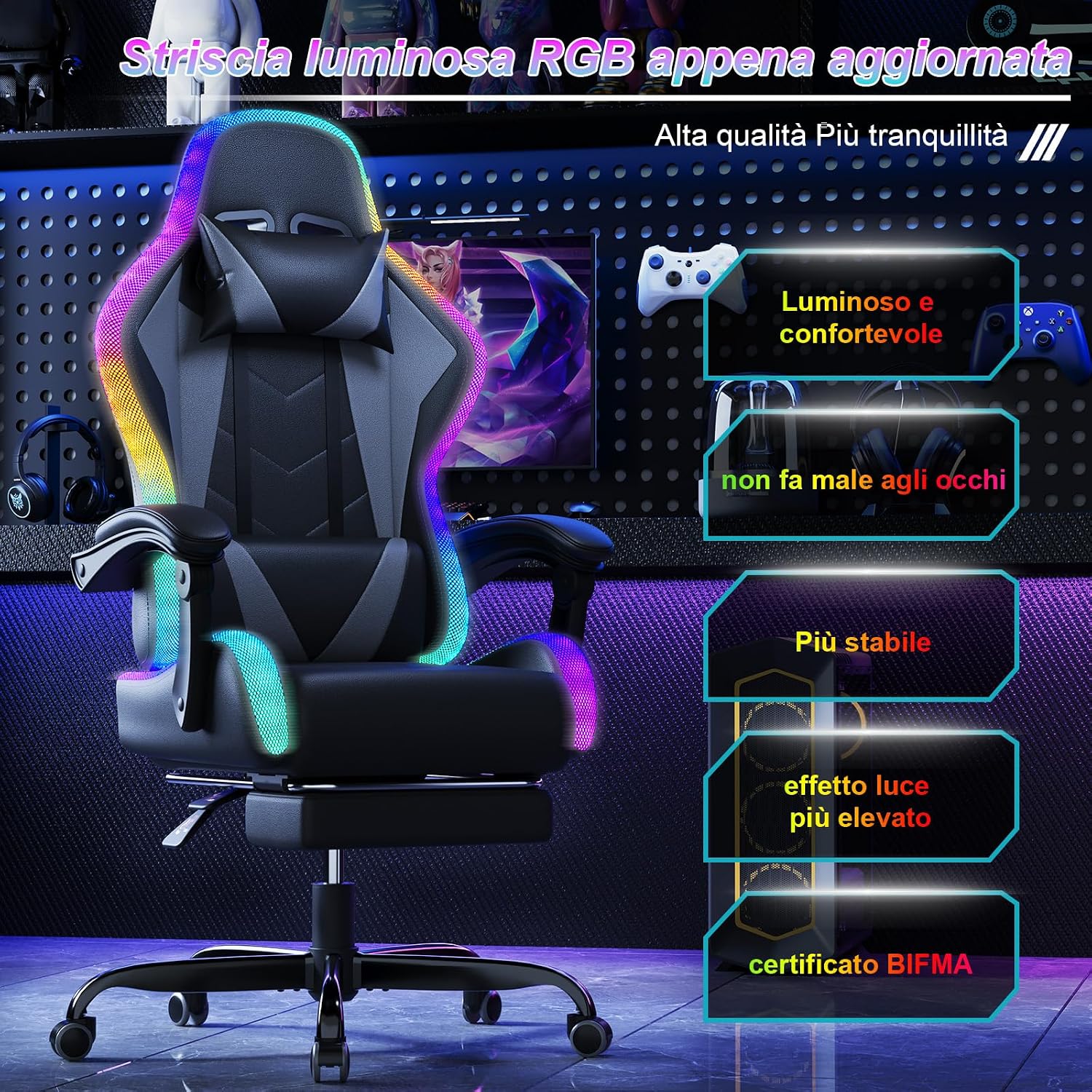 Devoko Sedia da Gaming con Massaggiante Schienale Regolabile 90-135°, Sedia Gaming con LED e Poggiapiedi Telescopico,Poltrona Gaming Ergonomica Portata 150 kg (Gray)