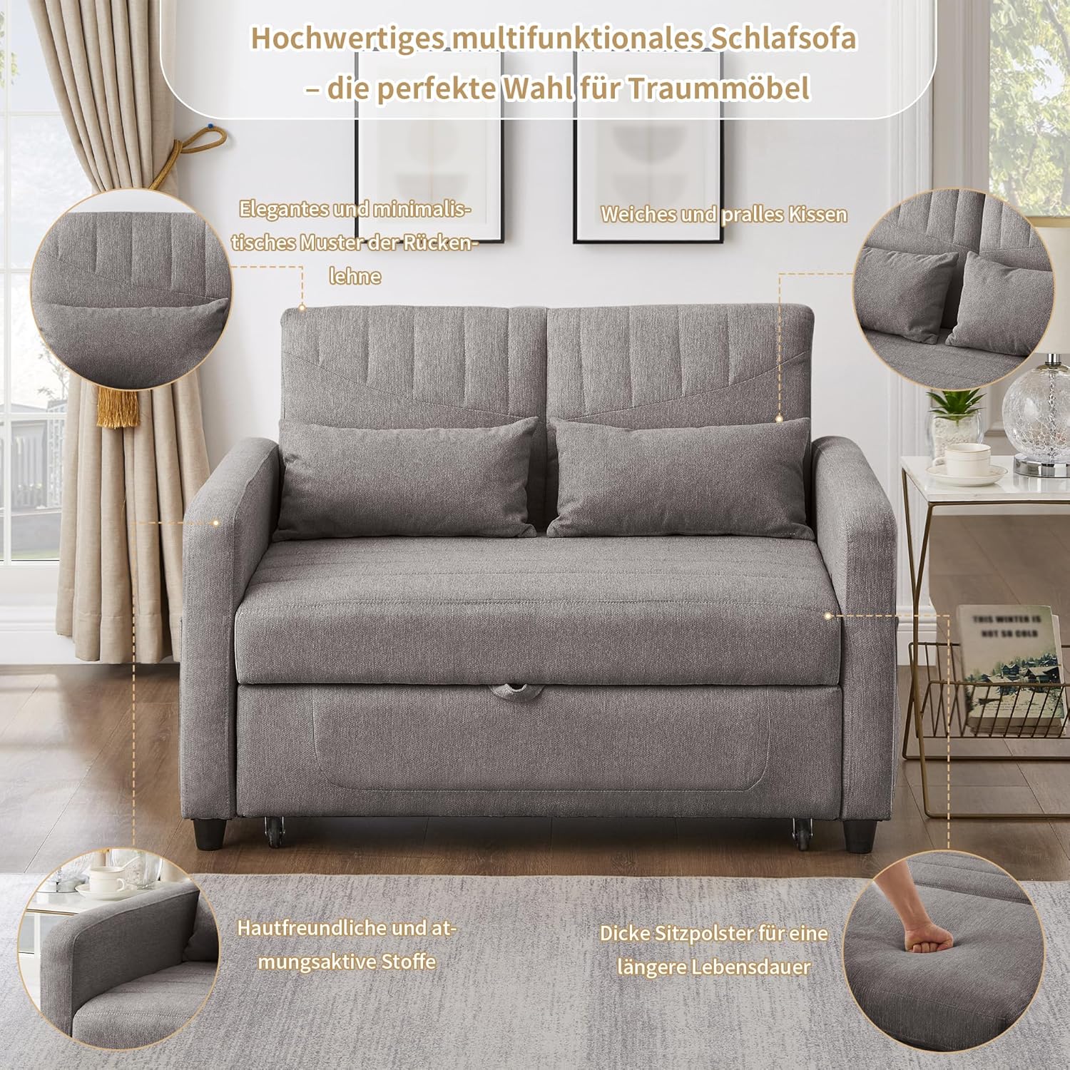 Divano letto con funzione letto Divano pieghevole a due posti, design estensibile, elegante e moderno, schienale regolabile a tre livelli, tessuto traspirante in cotone e lino (Grigio)
