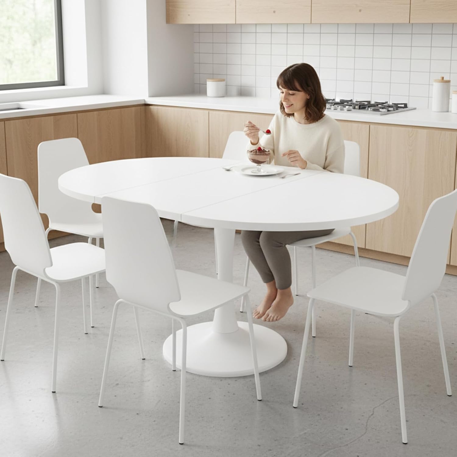 Tavolo rotondo allungabile bianco, 100-140 x 100 x 75 cm, Tavolo da pranzo rotondo allungabile per 2-6 persone, Tavoli rotondi per sala da pranzo, cucina