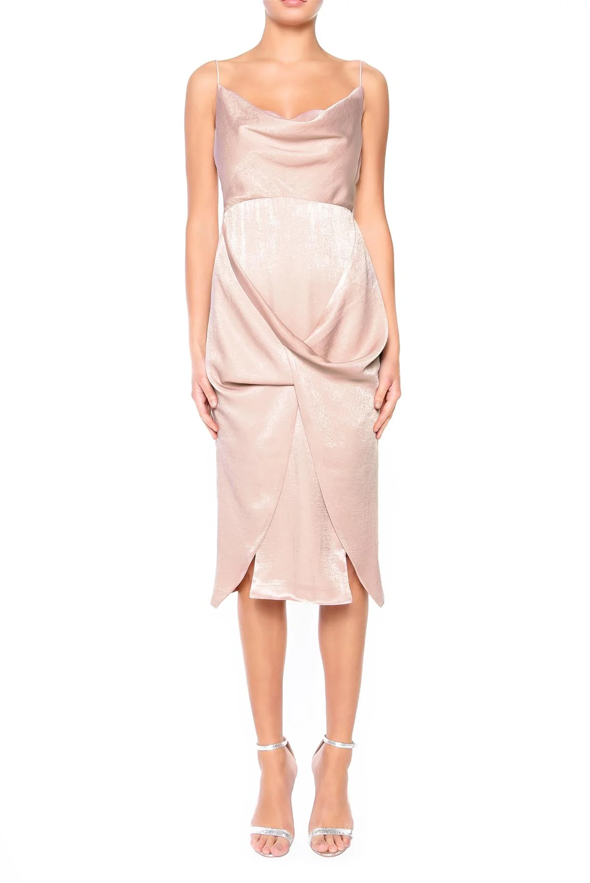 Lyra Silvery Pink Cowl Neck Draped Midi Dress