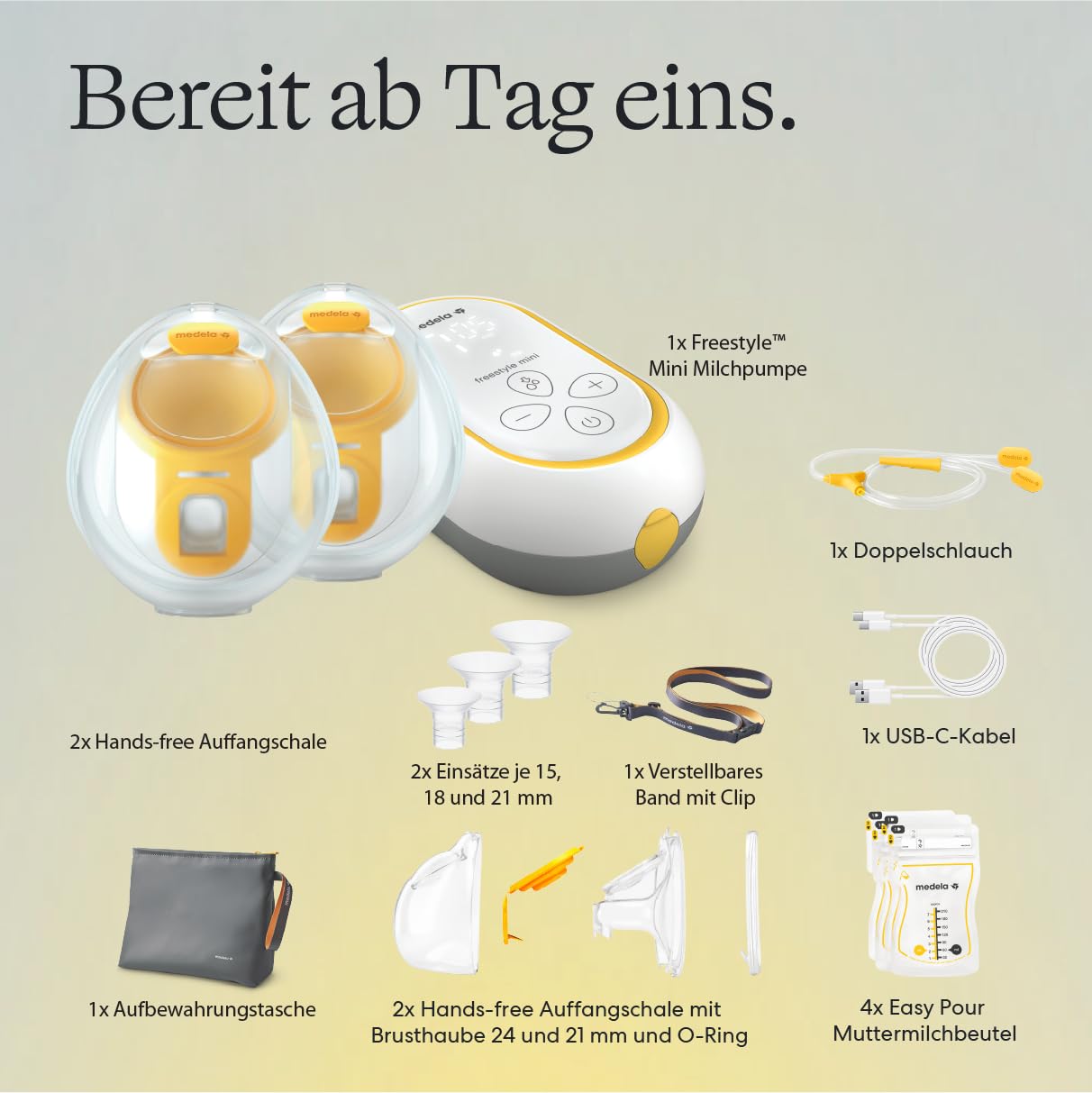 Tragbare elektrische Doppelmilchpumpe Freestyle Mini Hands-Free mit Auffangschalen und wiederaufladbarem Akku