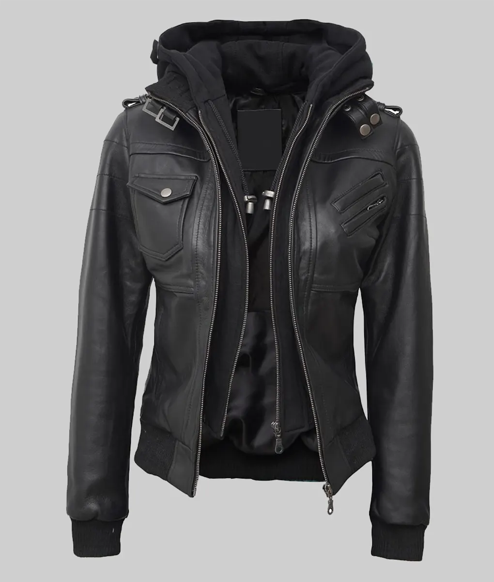 Janis Black Hooded Bomber Leather Jacket