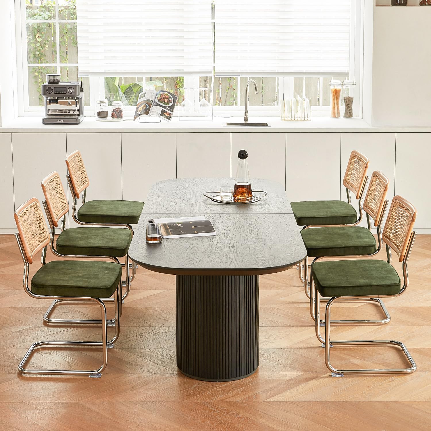 Green Rattan Dining Chairs Set of 4, Wooden Mid Century Modern Dining Room Chairs, Mesh Back Cane Kitchen Chair, Cesca Design Chairs with Metal Chrome Legs