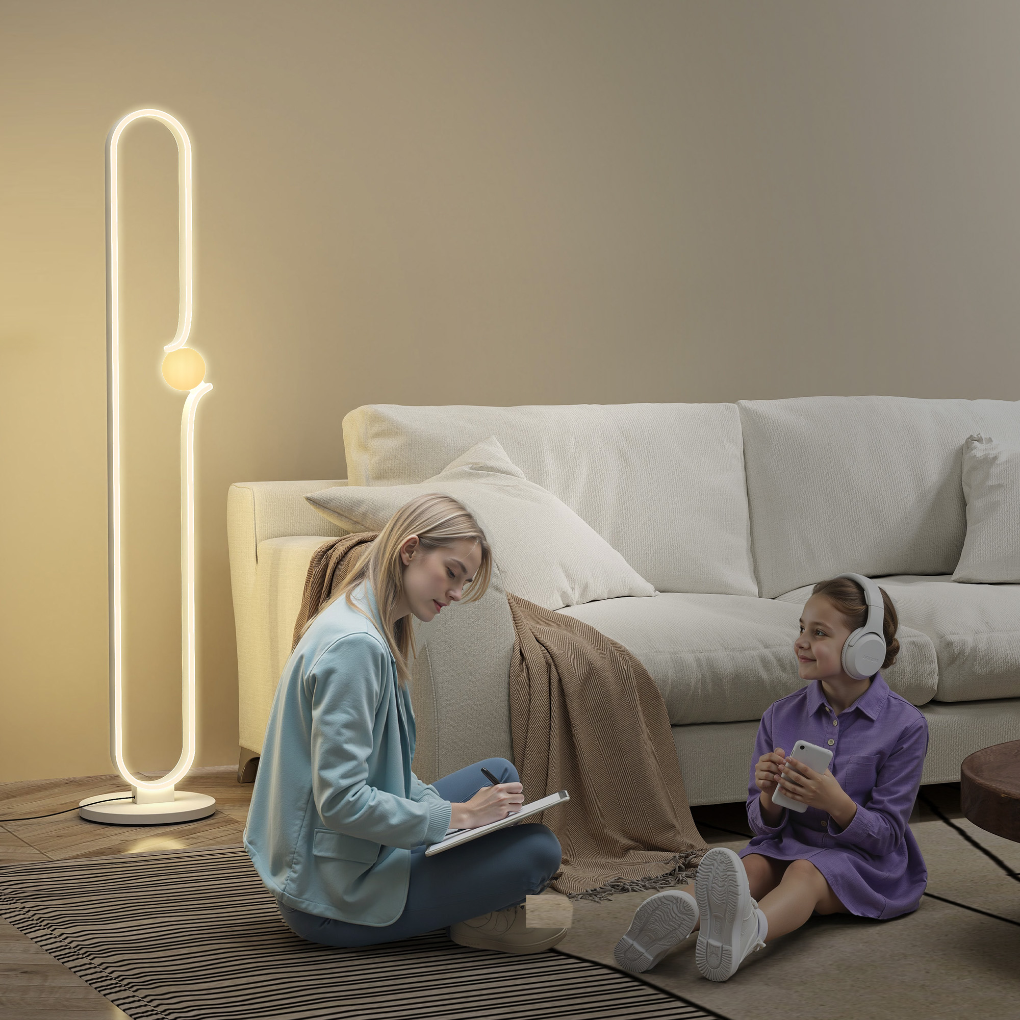HOMCOM LED-Bodenlampe, Musiknoten-Design, Glasschirm, Metall, Kunststoff, Weiß