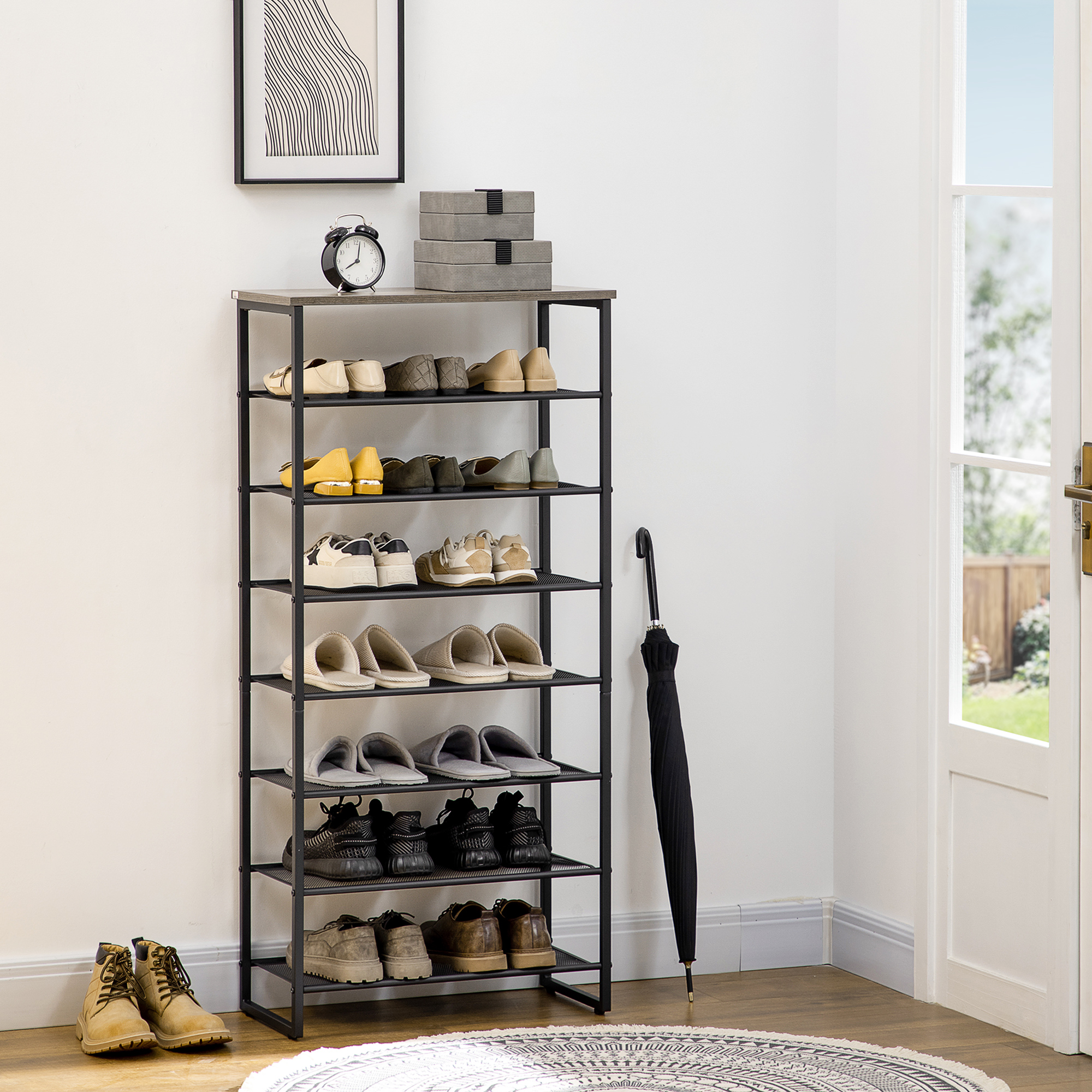 HOMCOM Schuhregal in Industriedesign, mit 7 Regalen, für bis zu 24 Paar Schuhe, Standregal, Grau + Schwarz
