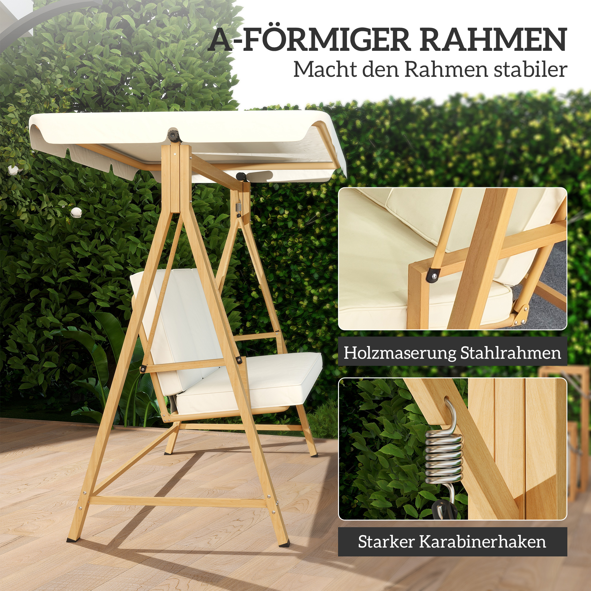 Outsunny Tuinschommel met Verstelbaar Zonnedak en Gewatteerde Zitting, 3-zits tot 330kg, 198 x 120 x 170cm, Beige