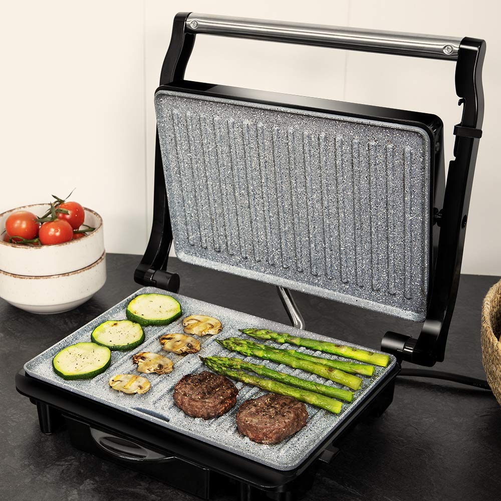 Cecotec Griglia Elettrica Rock'Ngrill 1500 Rapid. 1500 W, Rivestimento Rockstone, Piastra Superiore Regolabile in Altezza, Vassoio Raccogli Grasso, Rivestimento Ecologico, 17,3 x 24,5 cm