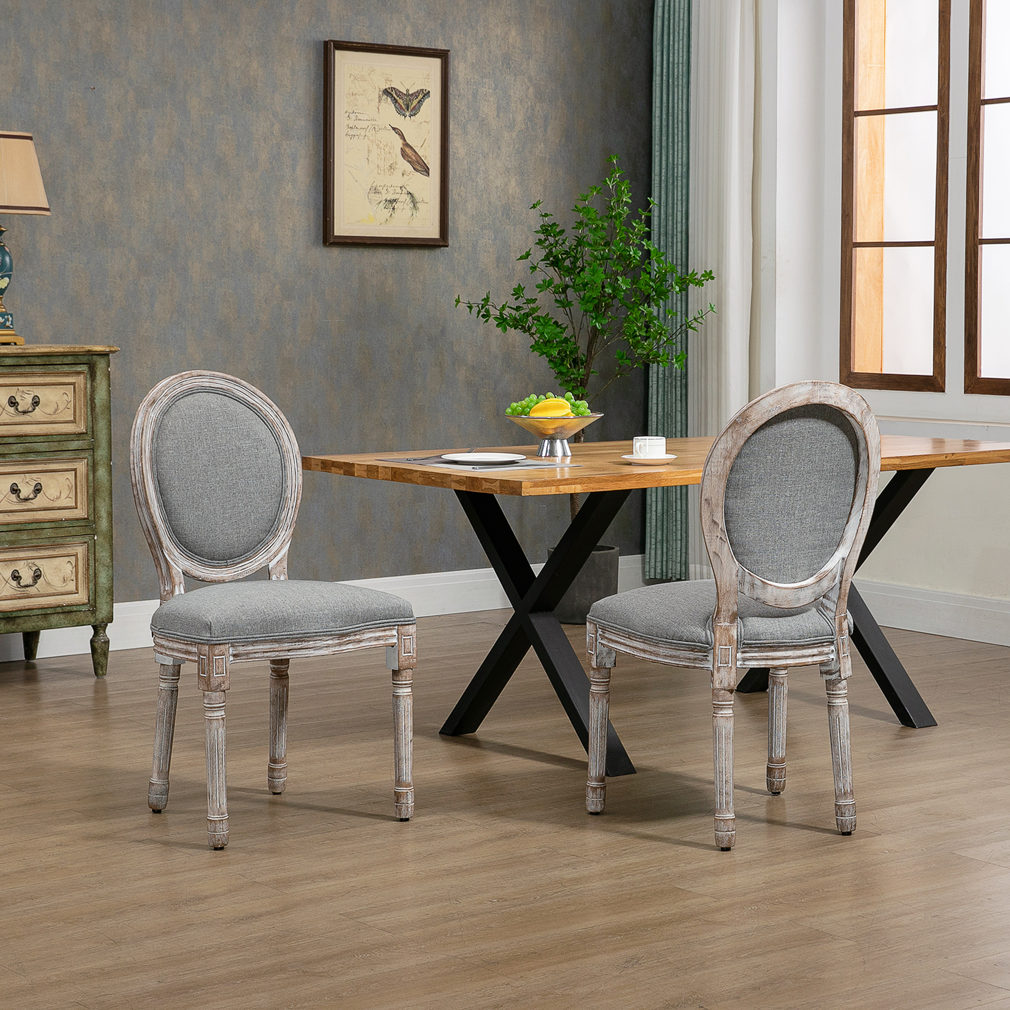 HOMCOM Set mit 2 Stühlen für Esszimmer im Medaillon-Stil Louis XVI - Schnitzerei aus massivem, gebeiztem Holzgummi - Grauer Leinenoptik