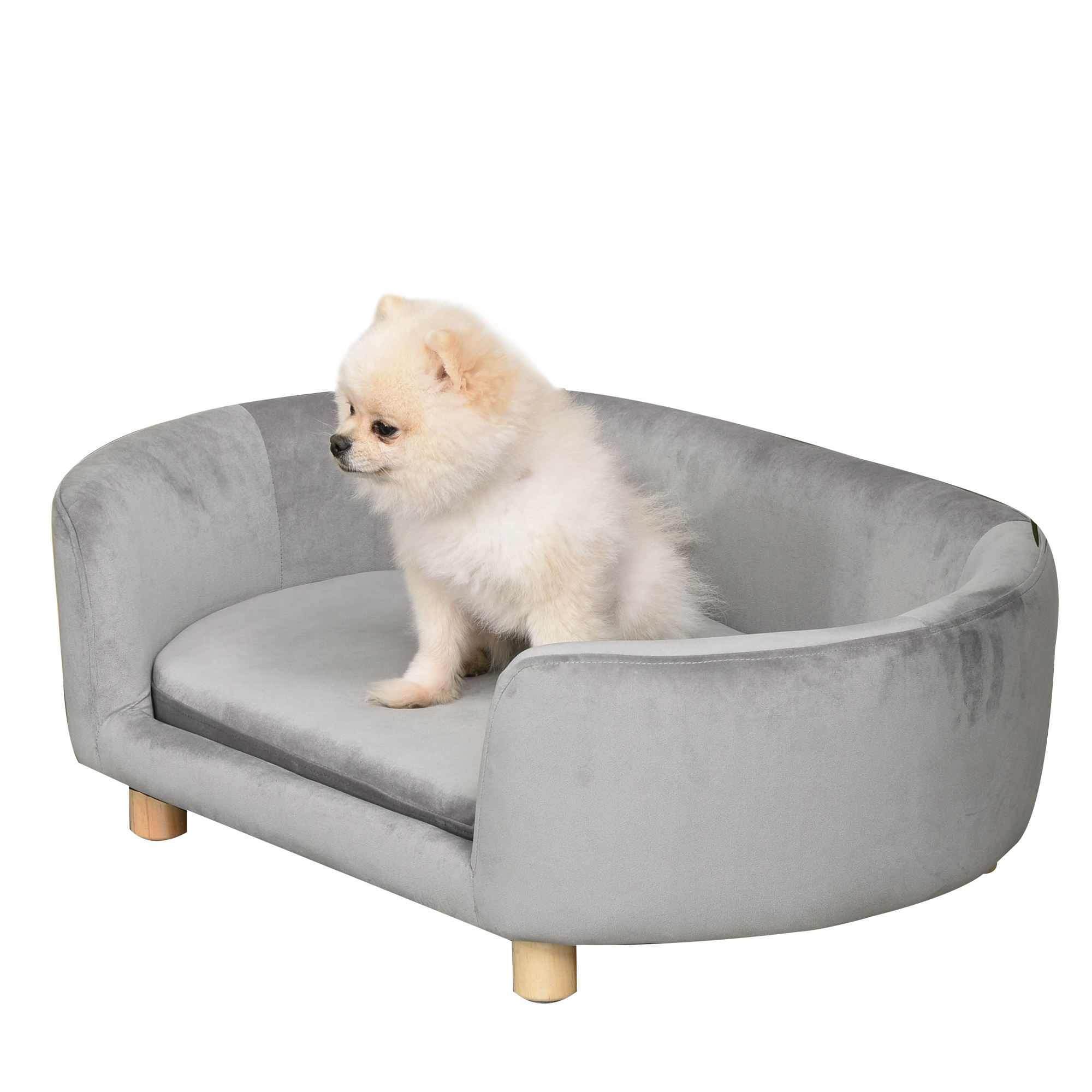 PawHut Haustiersofa Hundesofa Hundebett mit Holländischer Samt Schaumstoff Birke Bein für Katzen Hunde  86 x 55 x 33 cm Hellgrau