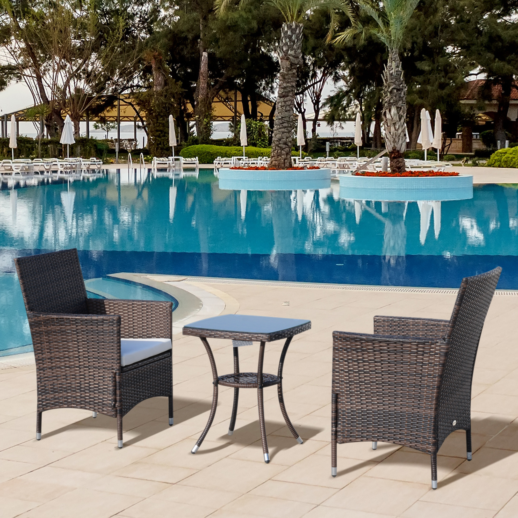 Outsunny Polyrattan Gartenmöbel Set, Outdoor Lounge Balkonmöbel für 2 Personen, 3-teilig Sitzgruppe, 2 Stühle, Tisch Sitzkissen, Gartenlounge für Garten, Terrasse, Balkon, Braun