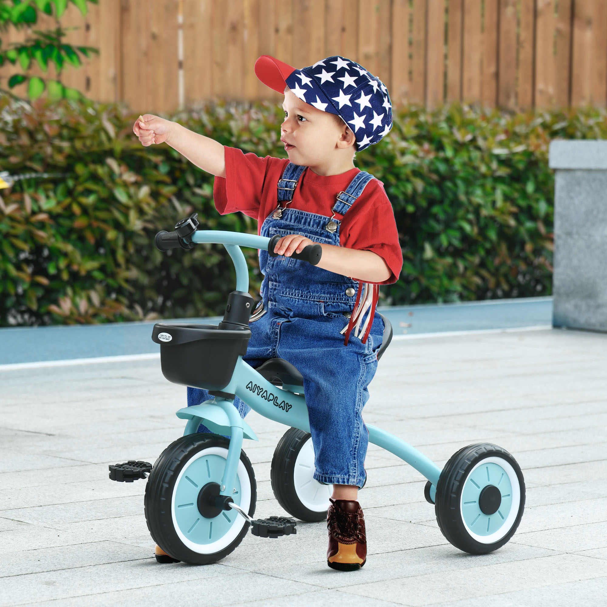 AIYAPLAY Dreirad für Kinder 2-5 Jahre, höhenverstellbarer Sitz, Klingel, Fahrradkorb, Metallrahmen, blau