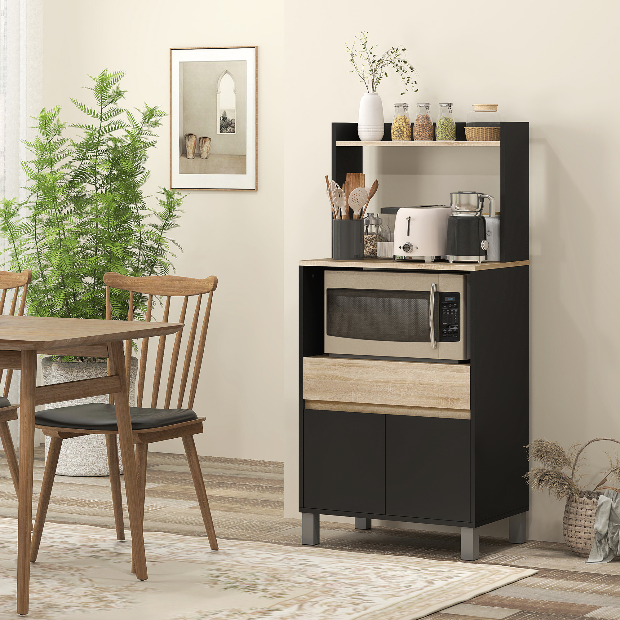HOMCOM Küchen-Servierwagen für Mikrowelle mit Schrank Schublade oberes Regal, 60 x 40 x 131 cm, Natur und Schwarz
