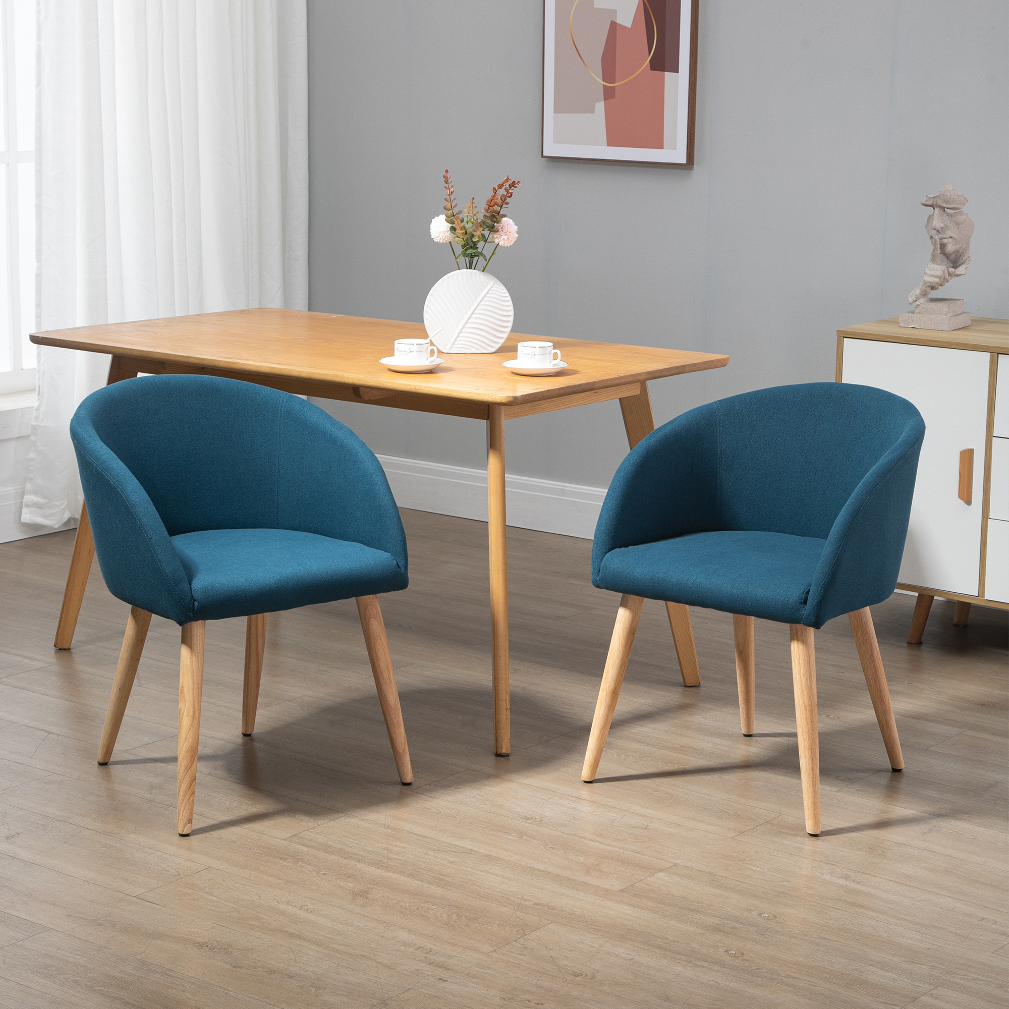 HOMCOM Packung mit 2 Esszimmerstühlen, Küchenstühlen im skandinavischen Design - Spitz zulaufende Gummiholzbeine - Ergonomische Sitzfläche, Rückenlehne und Armlehnen mit Leinenoptik-Bezug in Entenblau