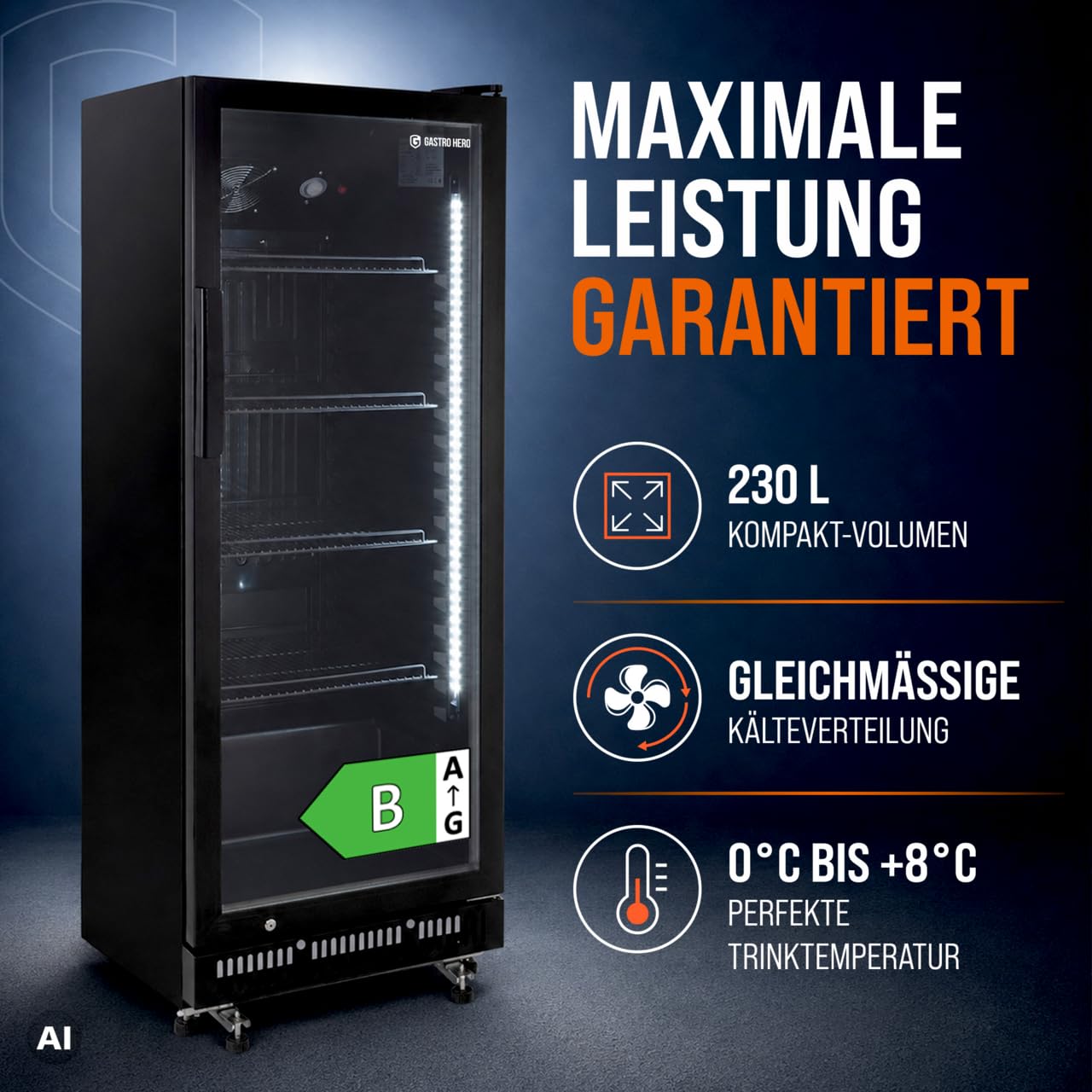 Getränkekühlschrank 230 L, schwarz, mit Glastür abschließbar und 4 verstellbaren Rosten, 0-8 °C Umluftkühlung