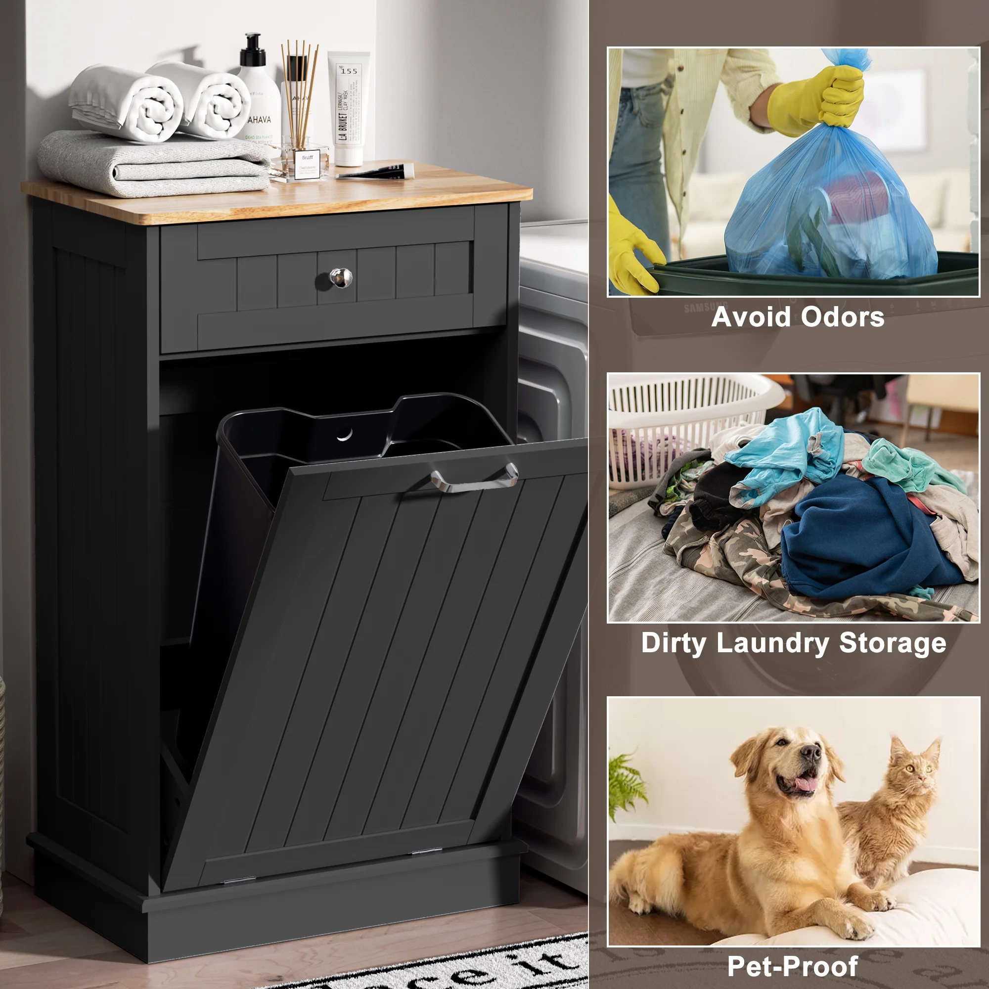 HARIPUL Single Tilt Out Trash Cabinet for 13 Gallon Waste Bin, Free Standing Kitchen Trash Can Cabinet with Drawers, White