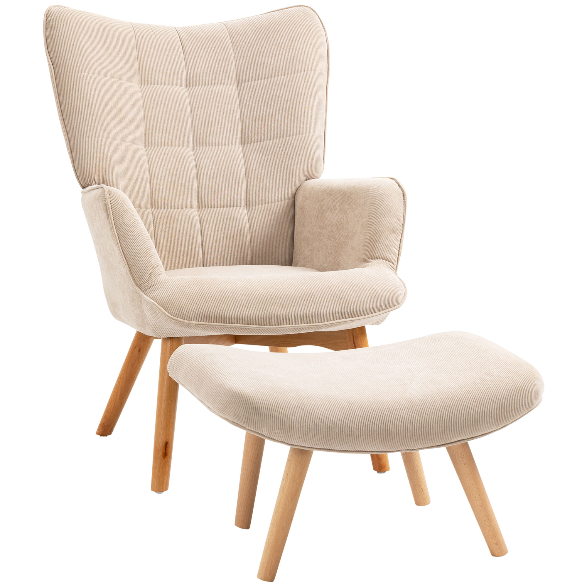 HOMCOM Akzentsessel mit Hocker, Relaxsessel in Cord-Optik, Armlehnstuhl mit Holzbeinen, für Wohnzimmer, Beige